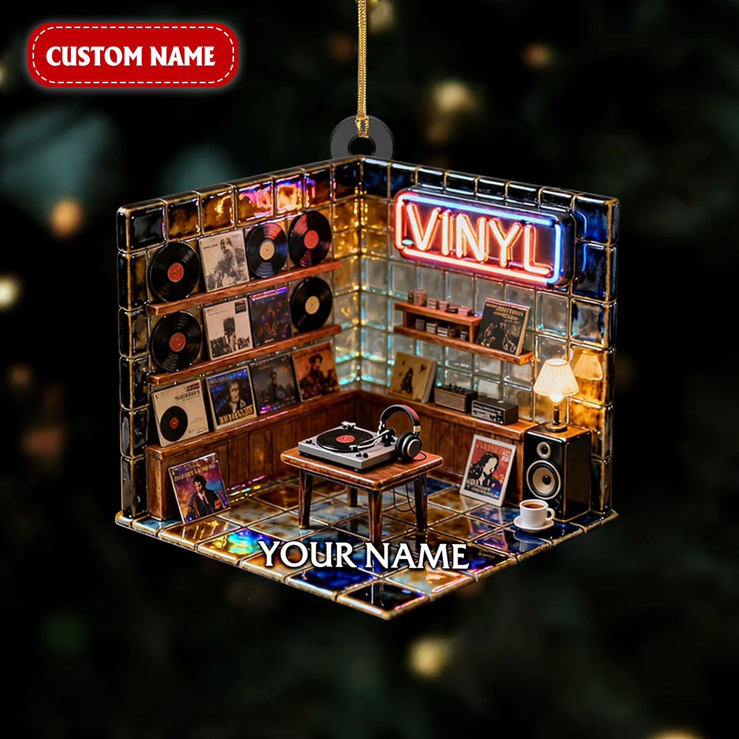 Vinyl Shop Retro Record Art Figurine Stain Glass Crystal Effect Acrylic Ornament, Christmas Unique Gift