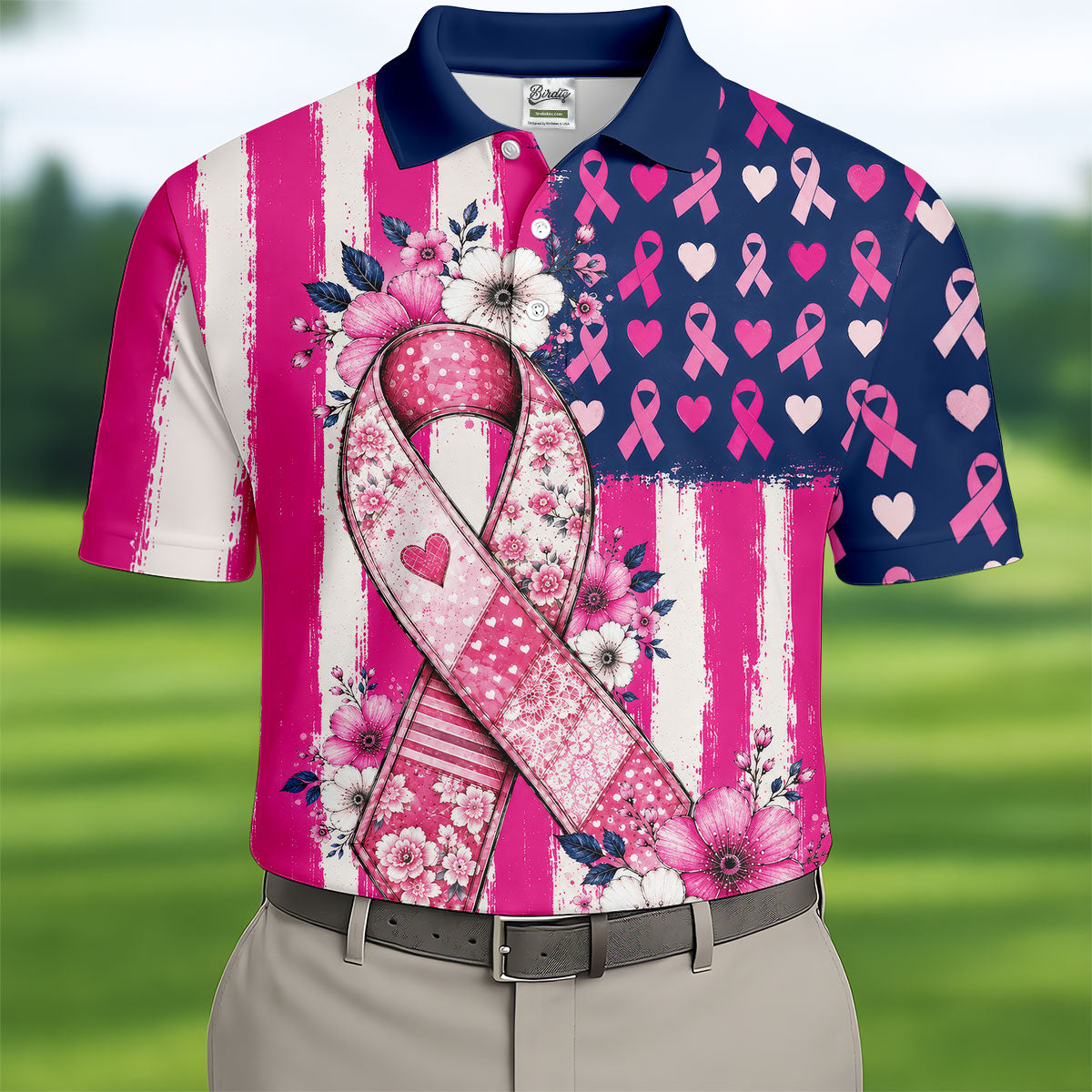 American Flag Pink Breast Cancer Awareness Golf Polo Shirt, Mens Golf Polo, Golf Shirts For Men