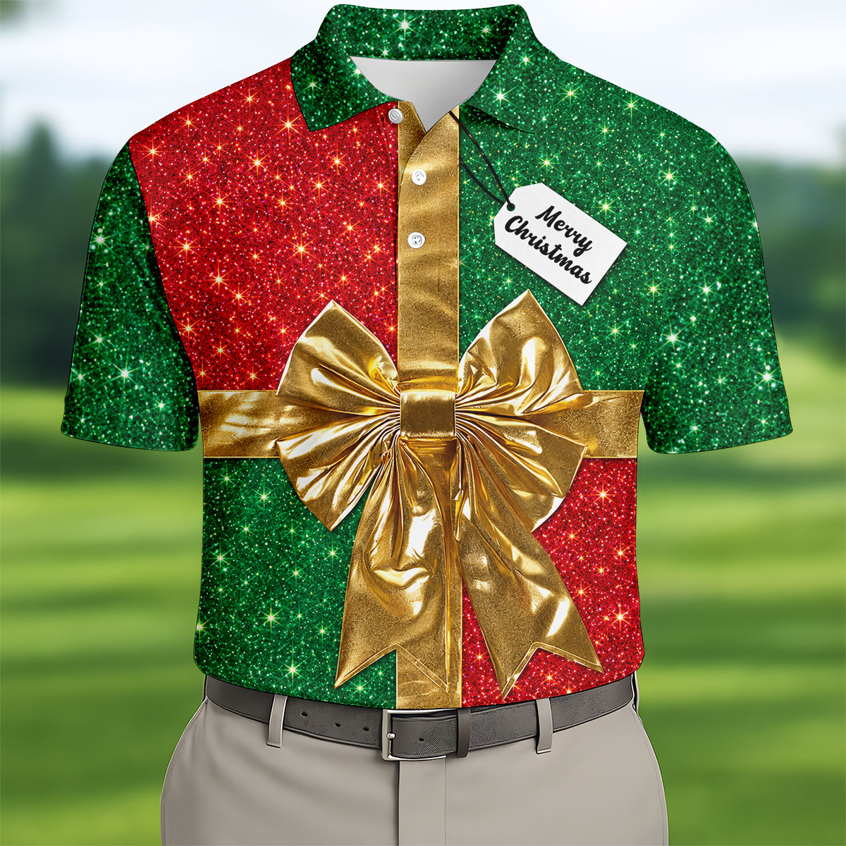 Merry Golden Gift Bow Christmas Golf Shirt, Mens Golf Shirts, Polo Shirts For Men
