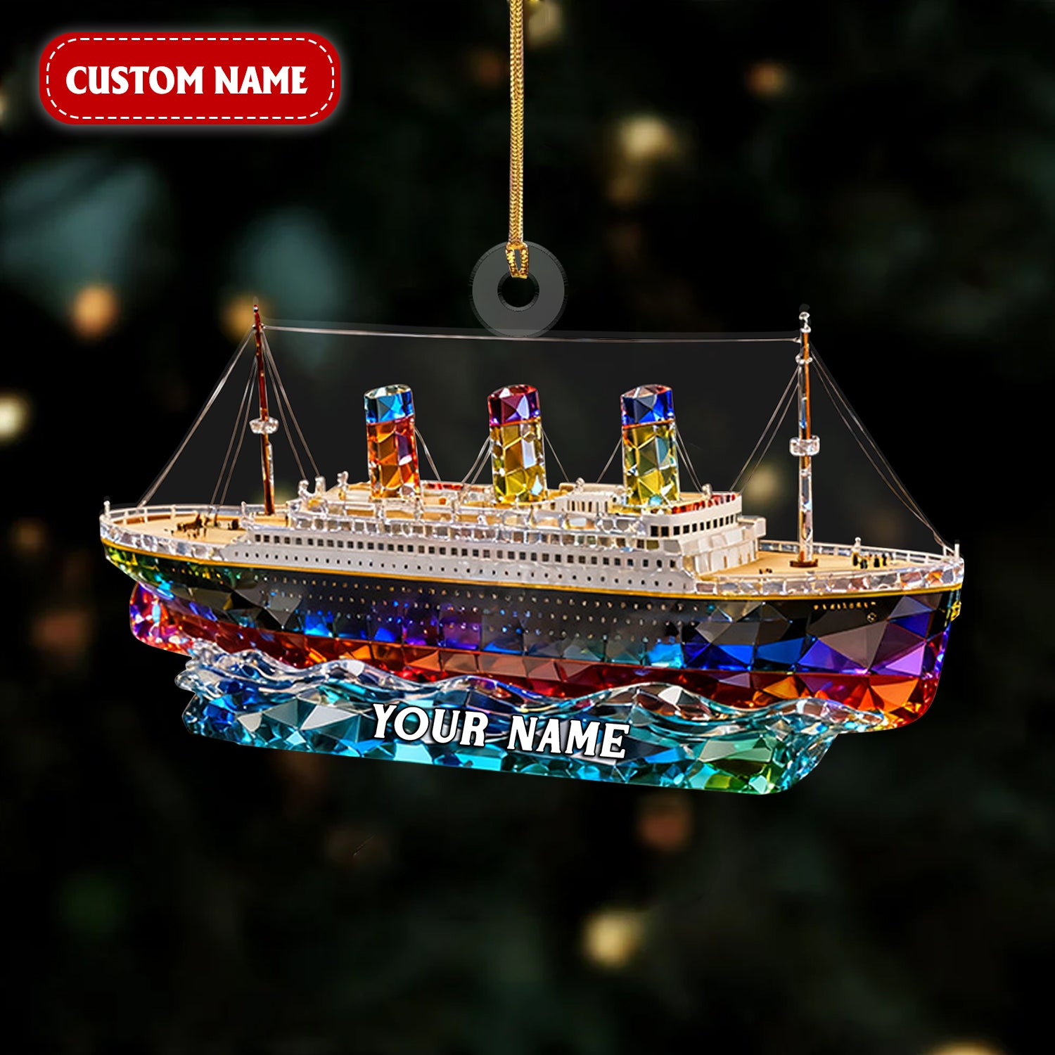 Custom Name Stained Glass Effect Cruise Ship Ornament, Acrylic Christmas Ornament, Xmas Decor