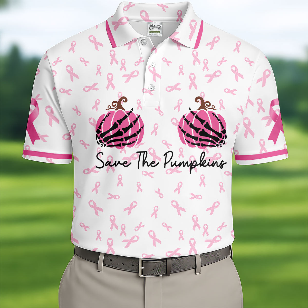 Save The Pumpkins Breast Cancer Ribbon Polo Shirt, Mens Golf Polo, Golf Apparel For Men