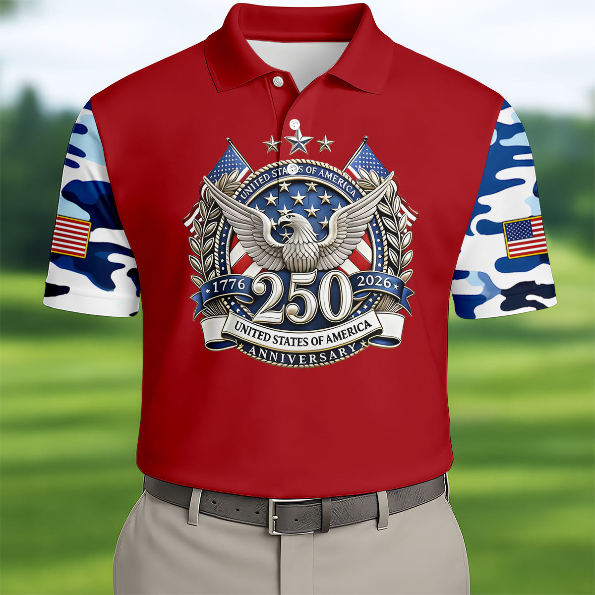 Patriotic Bald Eagle Blue And White Camo Red Golf Shirt, 250th Anniversary Golf Shirts For Men