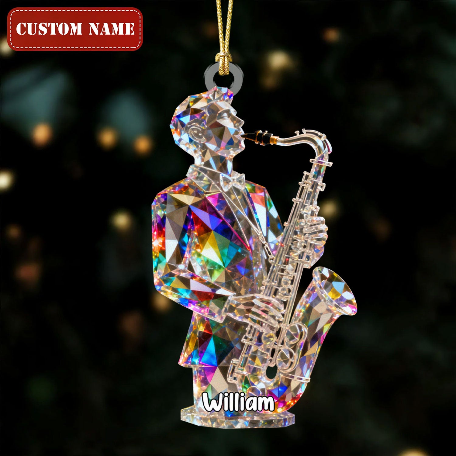Custom Name Male Saxophonist Stained Glass Effect Acrylic Christmas Ornament, Musician Gift