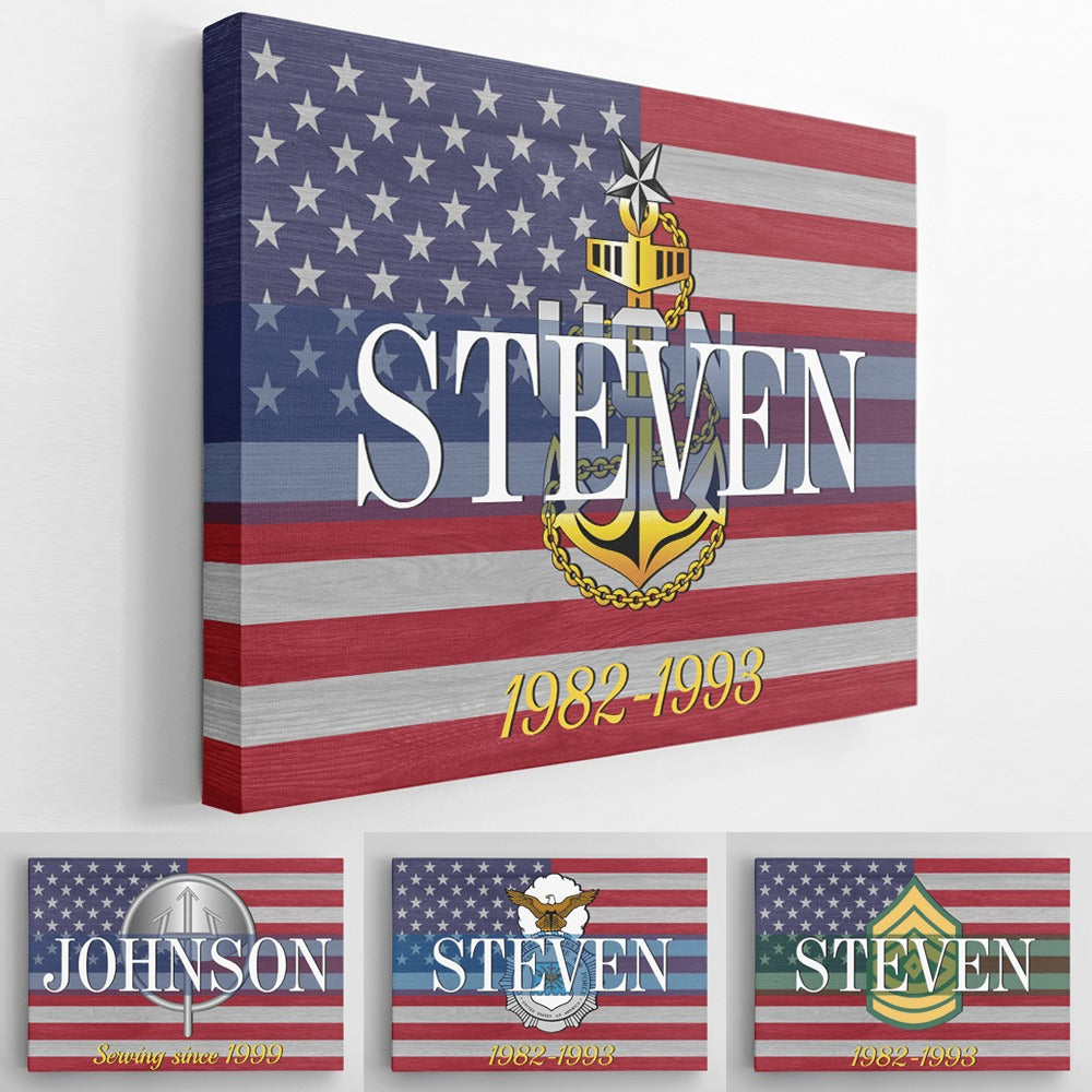 Personalized Canvas Frame - USA Flag With Military Ranks/Insignia - Personalized Name & Ranks