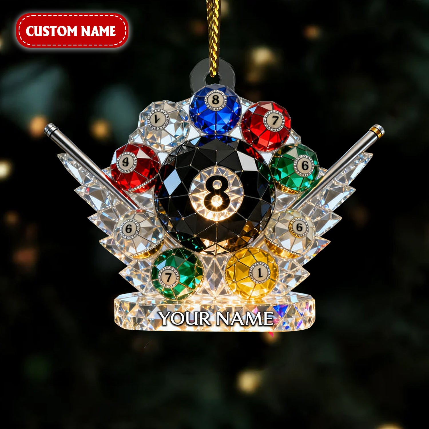 Billiards Balls Custom Name Stained Glass Effect Acrylic Christmas Ornament, Xmas Decor, Gifts For Pool Players