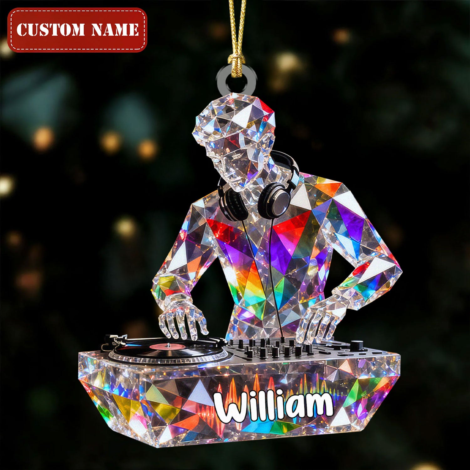 DJ Man Custom Name Stained Glass Effect Acrylic Christmas Ornament, Gift For DJ, Music Ornament