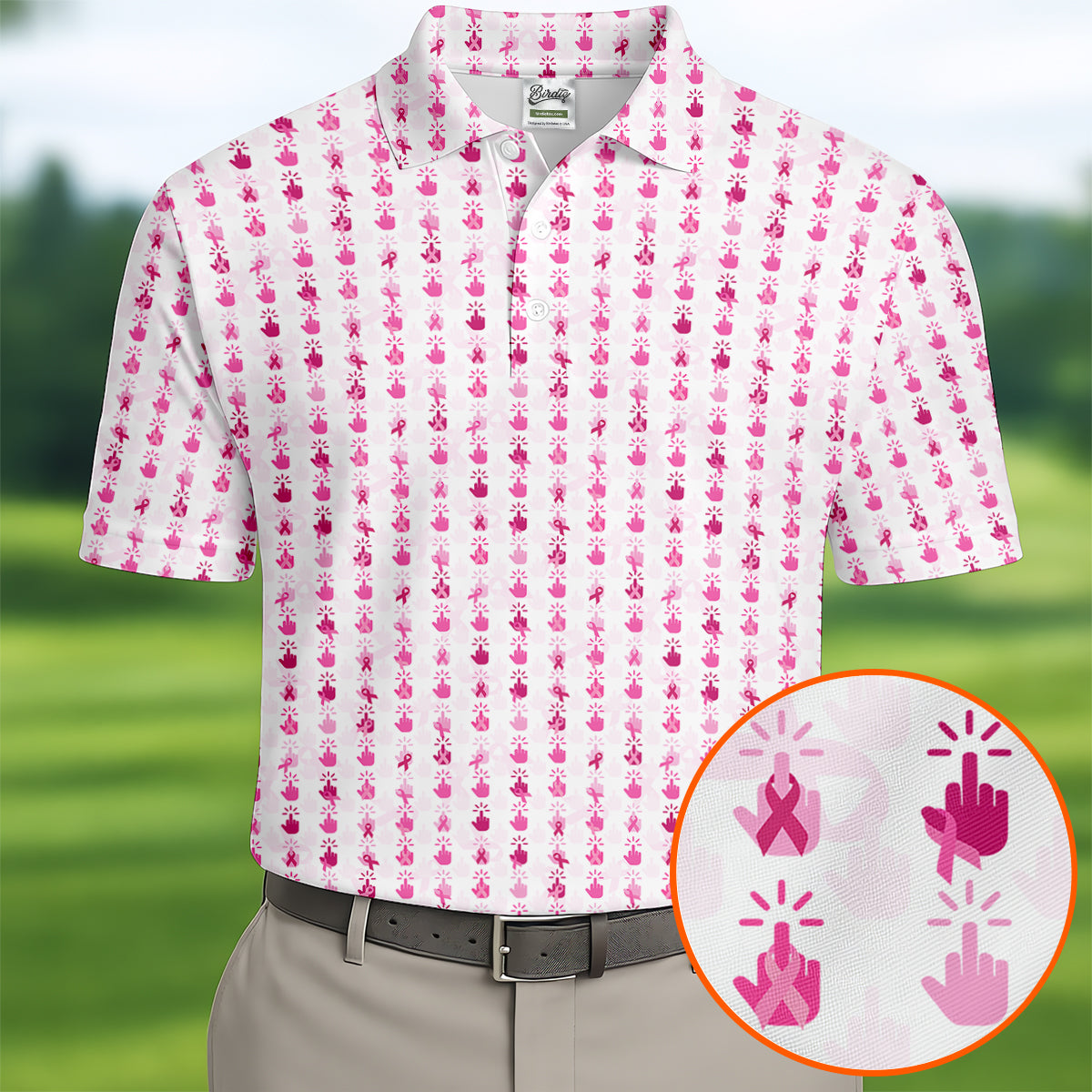 Pink Ribbon Finger Touch Breast Cancer Polo Shirt, Mens Golf Polo, Golf Apparel For Men