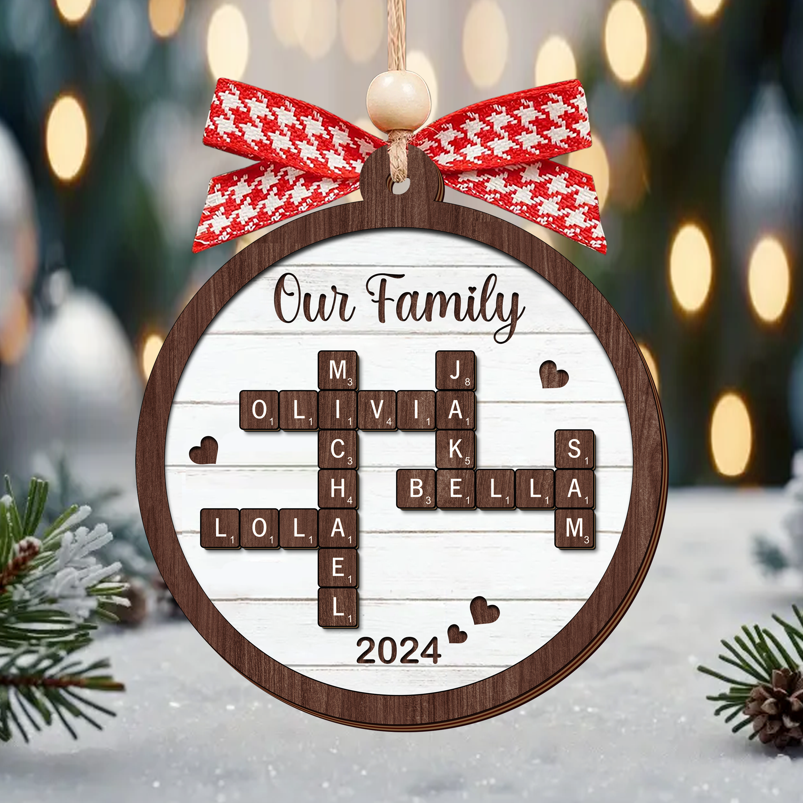 Personalized Family Crossword Ornament, Bauble Ornament, 2-layer Wood Ornament, Christmas Gift
