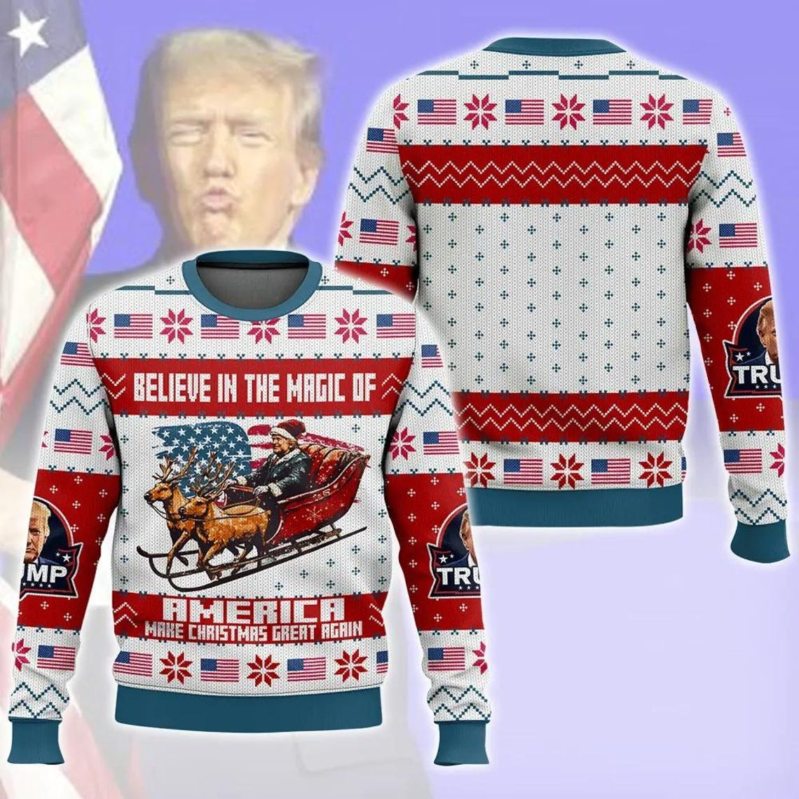 Trump2024 Believe In Magic Make Christmas Great Again Ugly Christmas Sweater