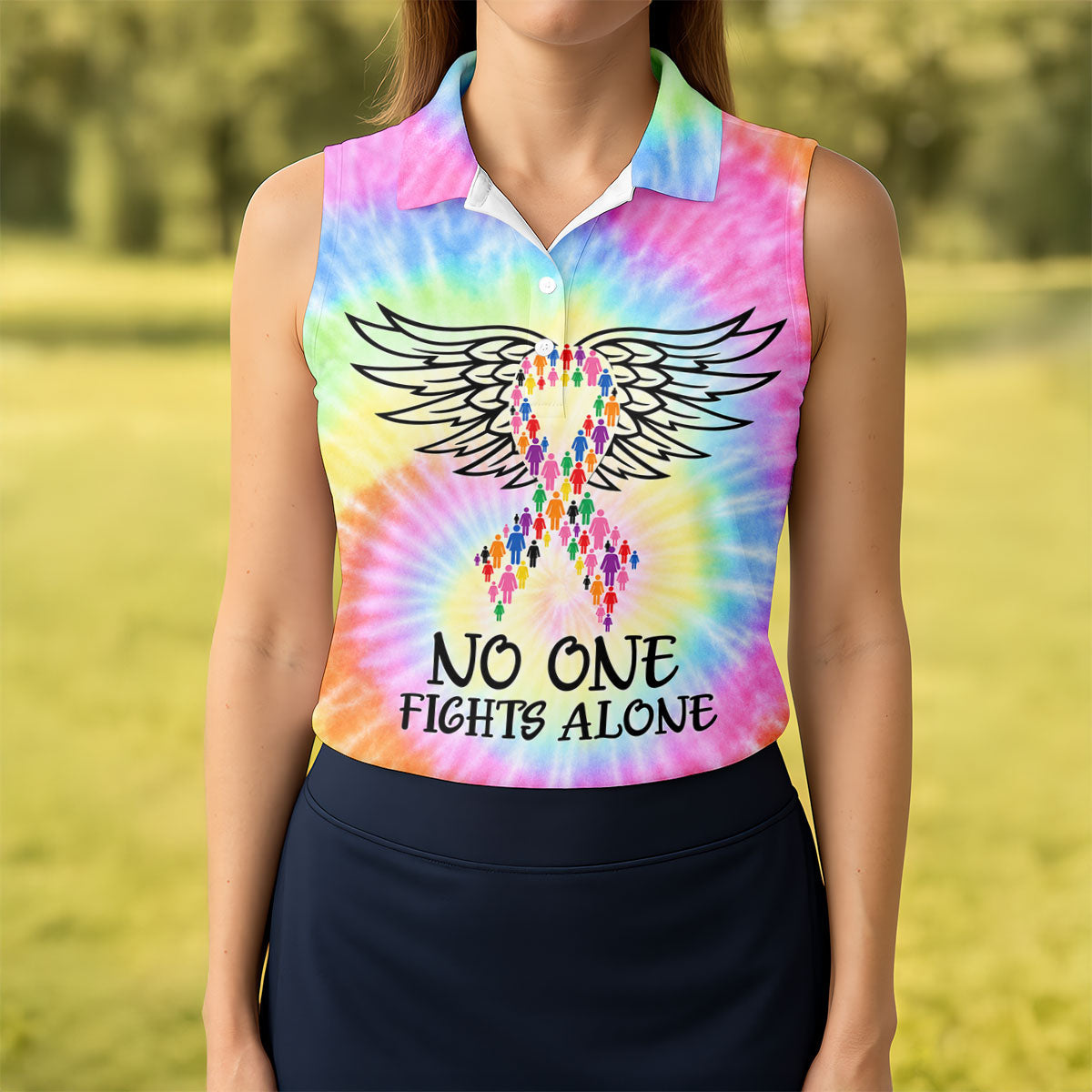 No One Fights Alone Cancer Ribbon Wings Polo Shirt, Women's Golf Polo, Ladies Golf Shirts