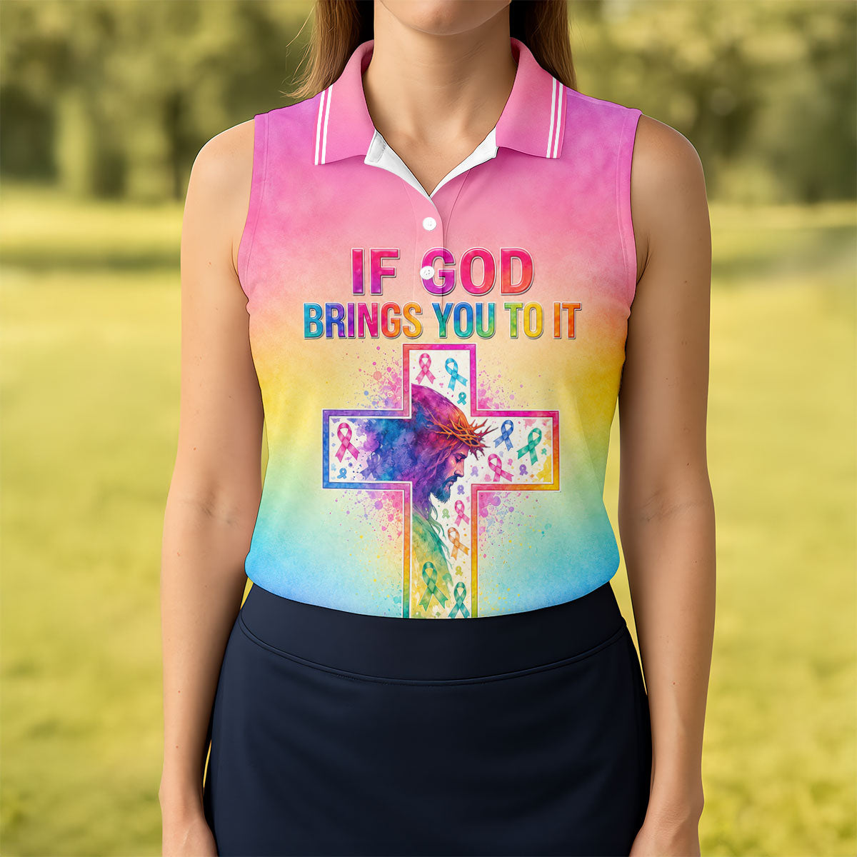 If God Brings You To It Cancer Cross Polo Shirt, Ladies Golf Tops, Printed Golf Shirt