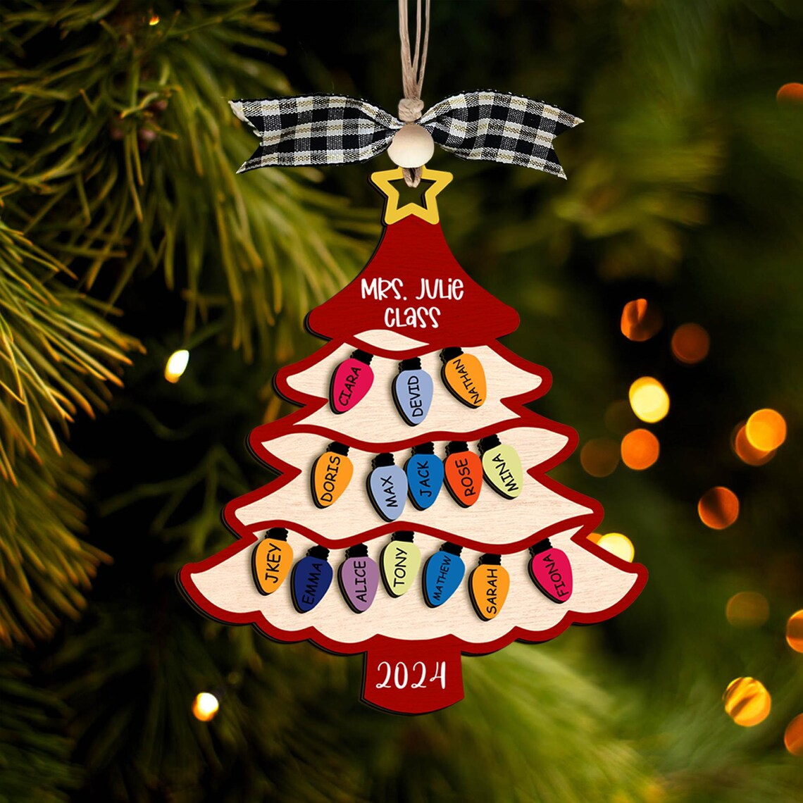 Personalized Christmas Tree Teacher Ornament, 2-Layer Wooden Ornament, Teacher Xmas Gift Ideas
