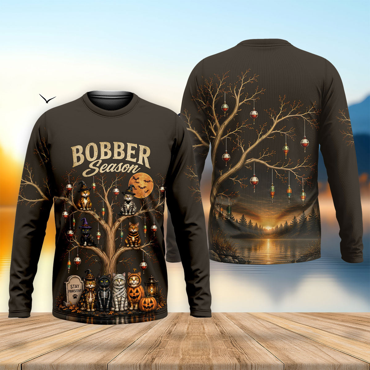Bobber Season Halloween Cat UPF Fishing Shirt, Fishing Shirts For Men, Long Sleeve Shirt