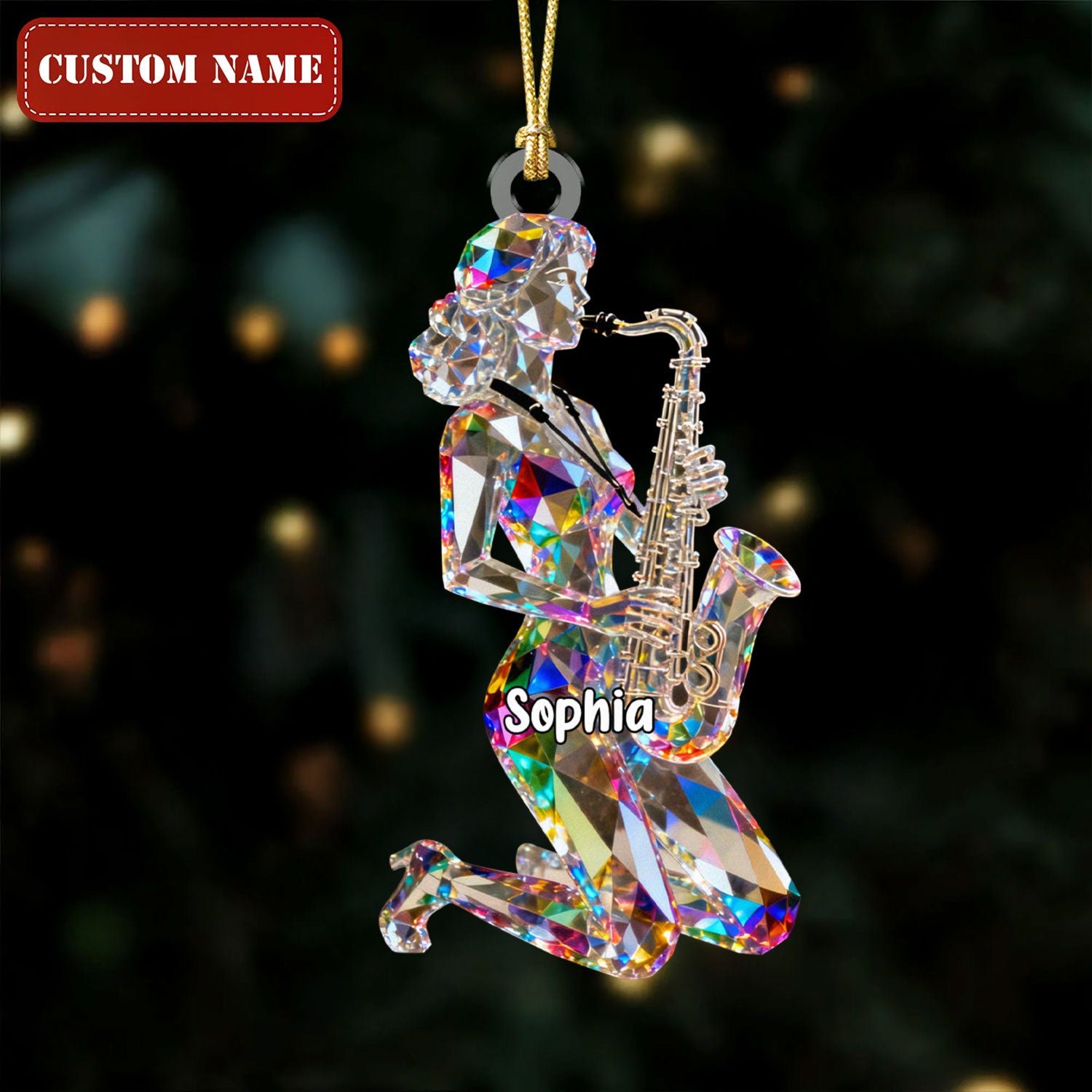 Female Saxophonist Custom Name Stained Glass Effect Acrylic Christmas Ornament, Music Ornament, Musician Gift