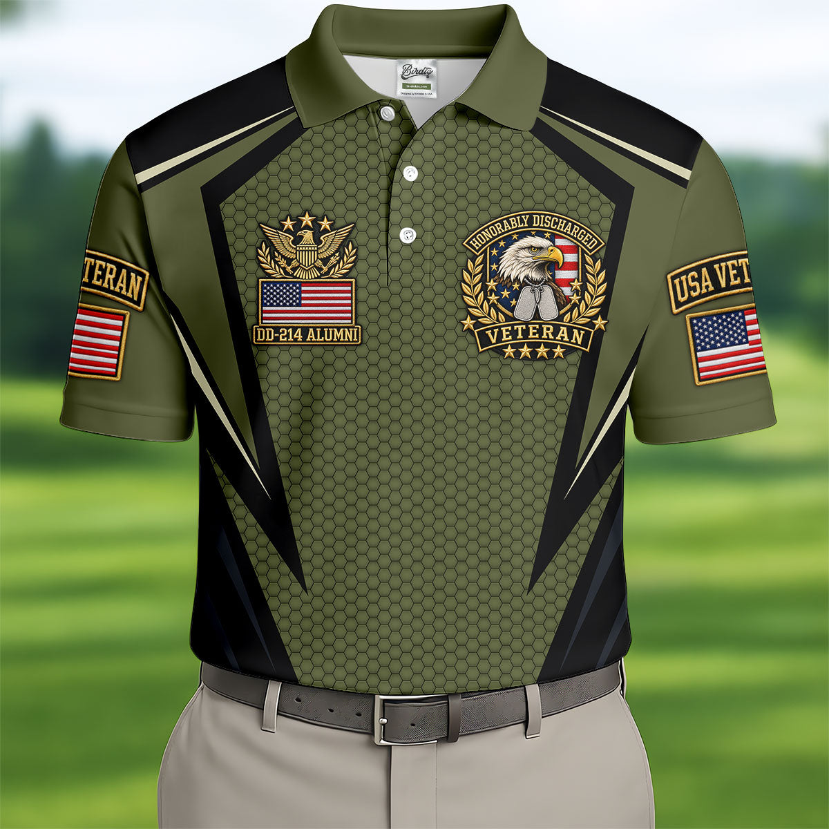 DD-214 Olive Hexagon Golf Polo Shirt, Golf Apparel For Men, Veterans Day Golf Shirt