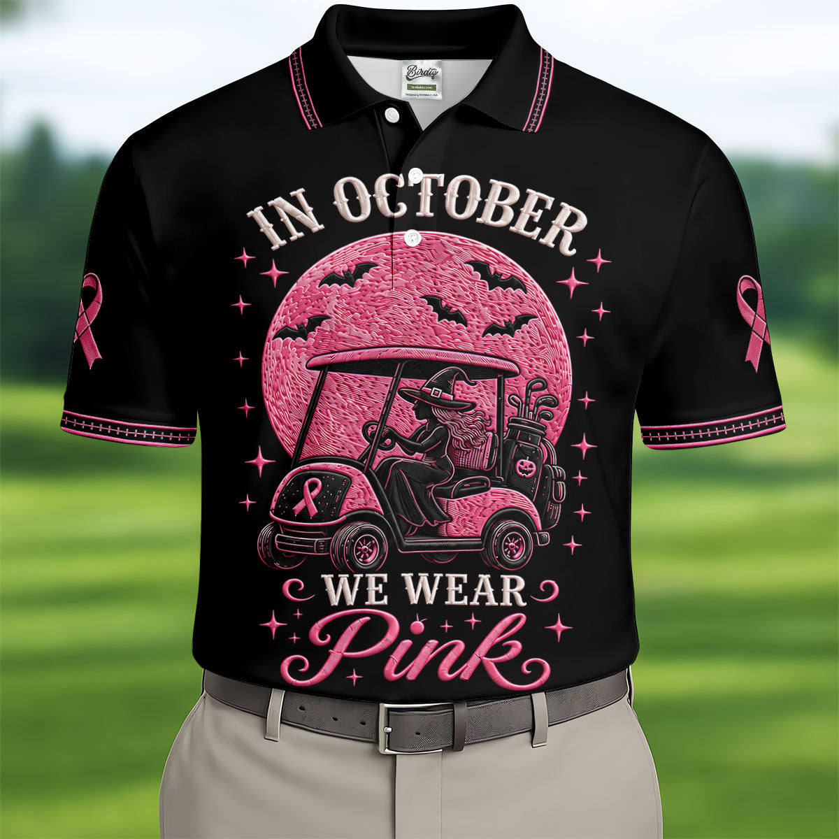 In October We Wear Pink Witch Breast Cancer Polo Shirt, Mens Golf Apparel, Printed Golf Shirts
