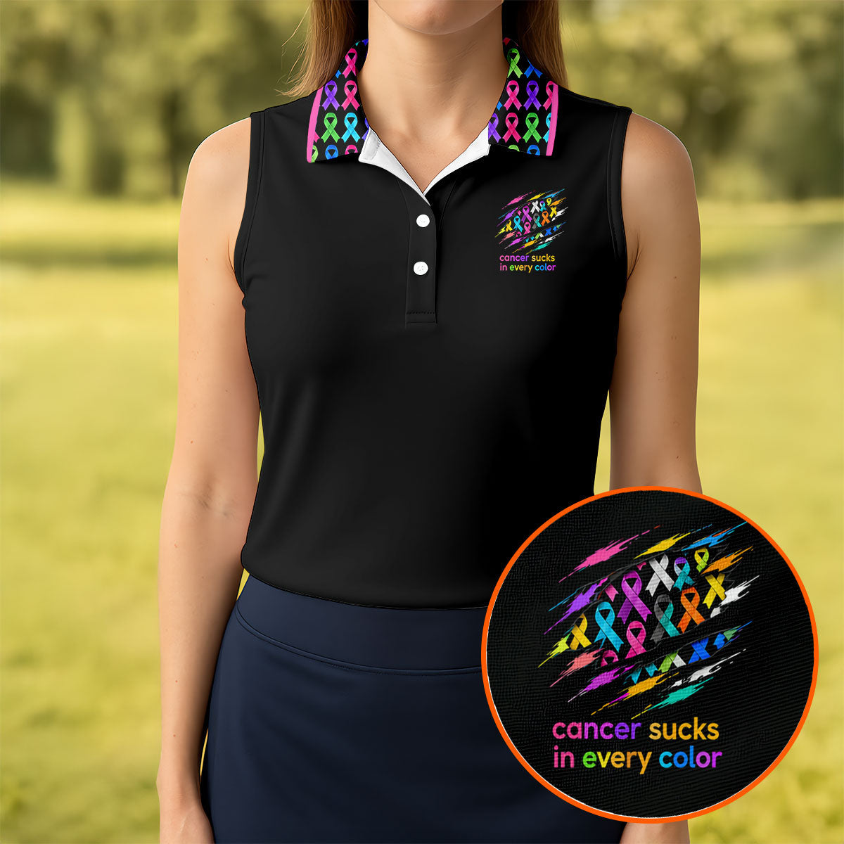 Cancer Sucks In Every Color Awareness Ribbon Golf Polo Shirt, Women's Golf Polo