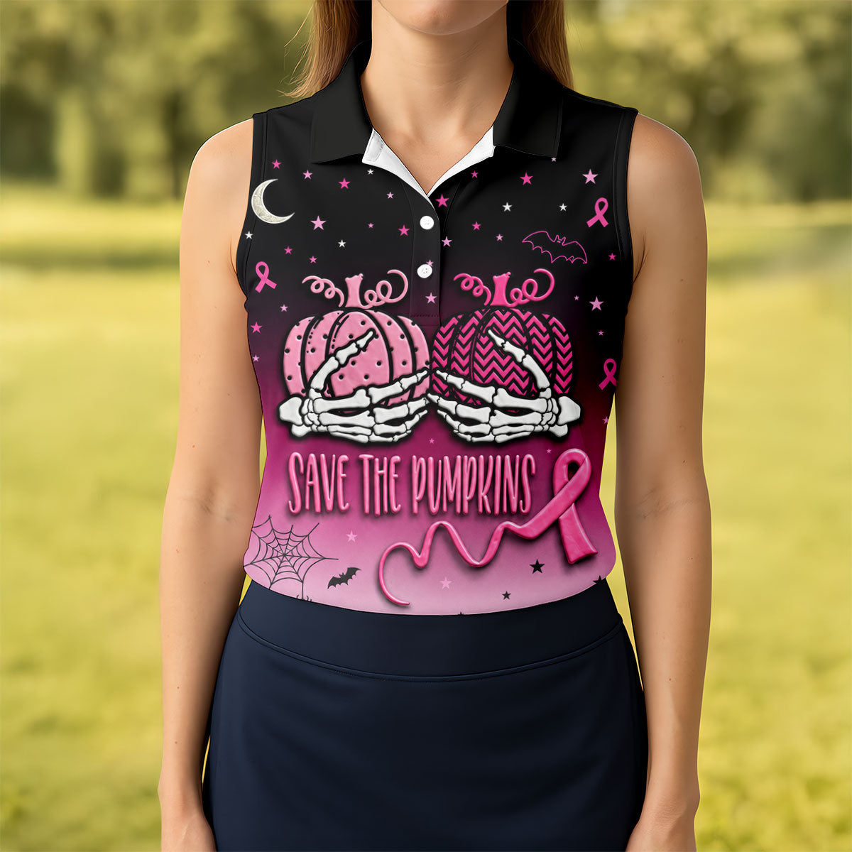 Save The Pumpkins Halloween Breast Cancer Golf Polo Shirt, Ladies Golf Shirts