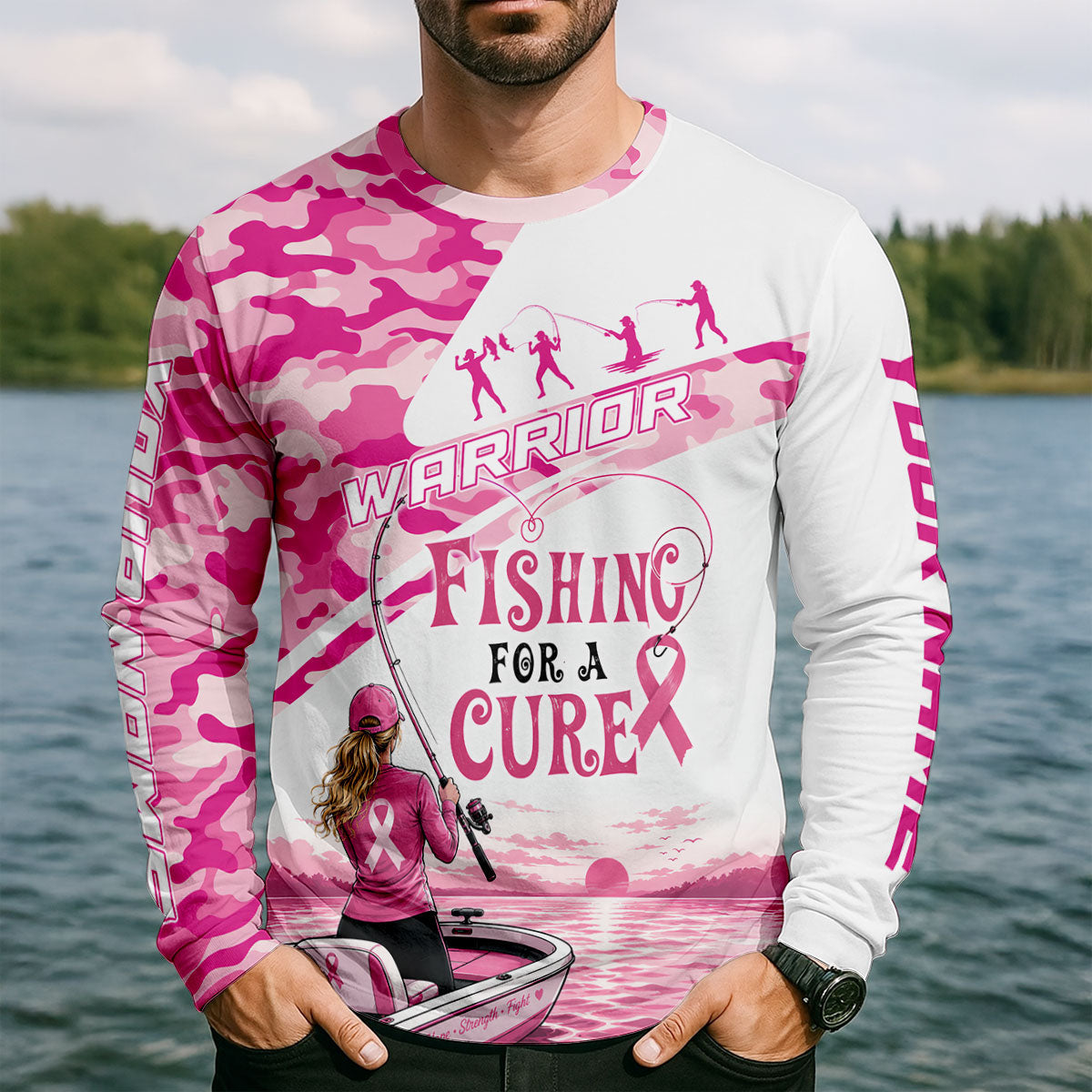 Pink Warrior Fishing For A Cure Breast Cancer Custom UPF Shirt, Fishing Shirt, Mens Tee