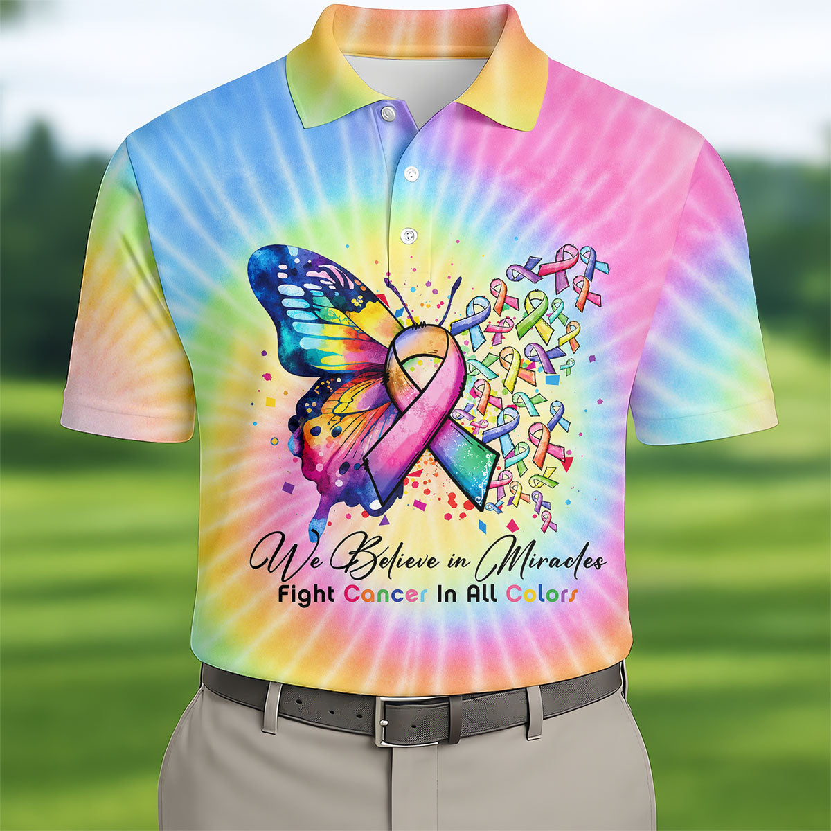 We Believe In Miracles Cancer Ribbon Polo Shirt, Golf Shirts For Men, Mens Golf Apparel