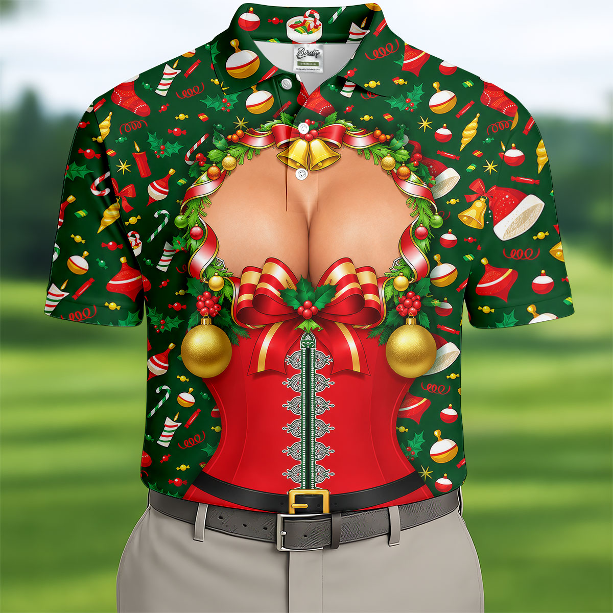 Festive Christmas Corset Bow Golf Polo Shirt, Christmas Golf Shirt, Mens Golf Apparel