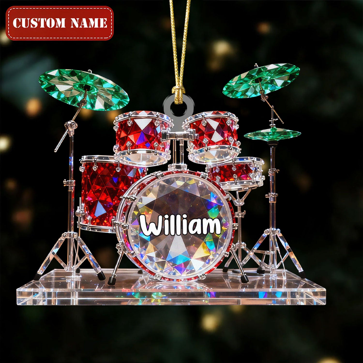 Red And Green Drum Set Custom Name Stained Glass Effect Acrylic Christmas Ornament, Presents For Drummers