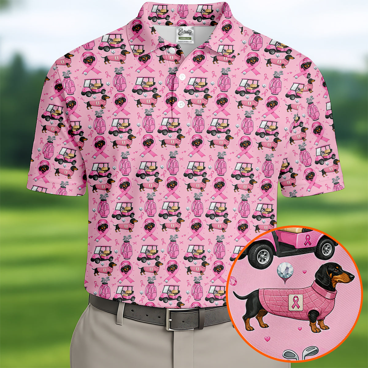 Cute Dog Golf Cart Breast Cancer Ribbon Polo Shirt, Men's Golf Shirt, Mens Golf Apparel