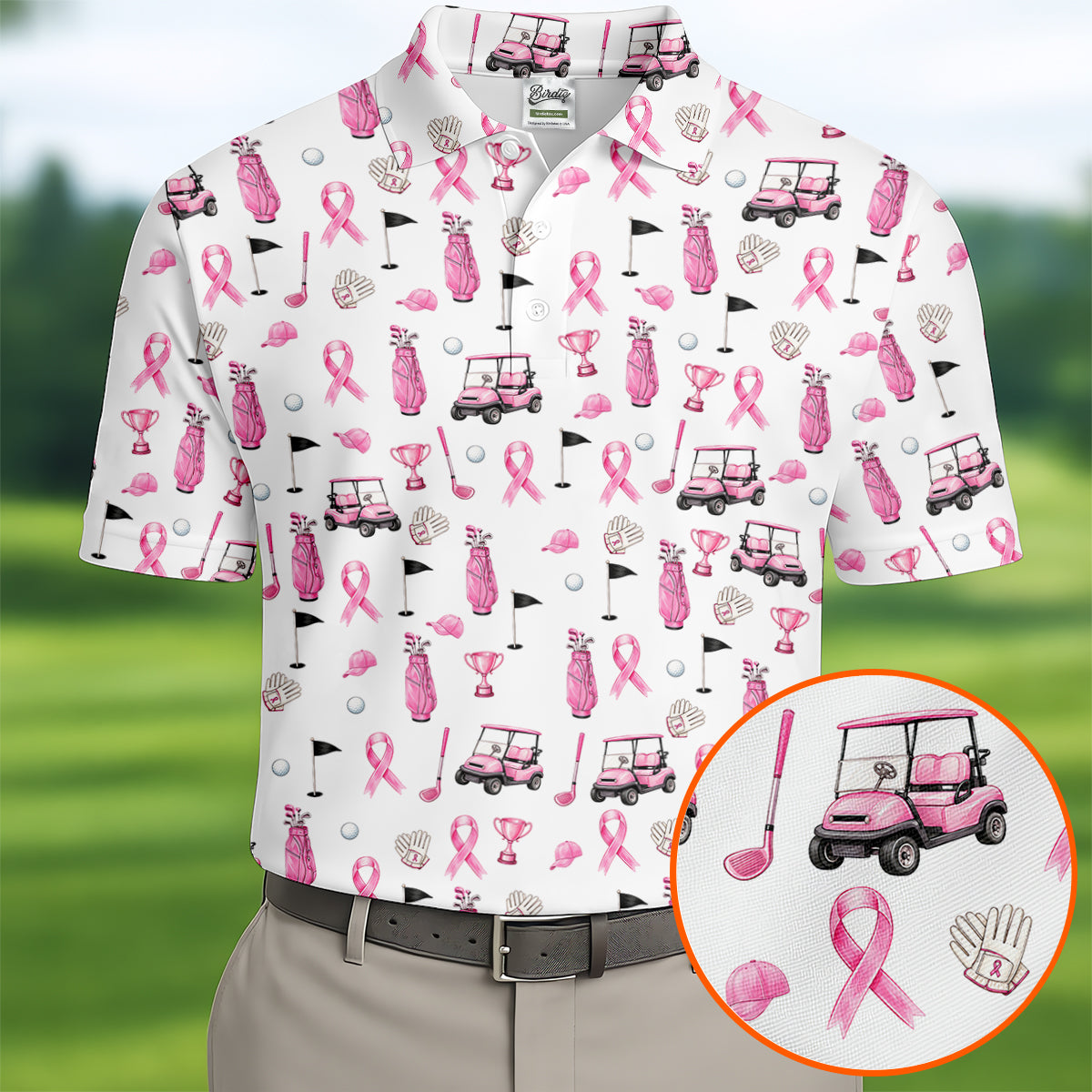 Pink Golf Cart Ribbon Breast Cancer Polo Shirt, Golf Shirts For Men, Mens Golf Apparel