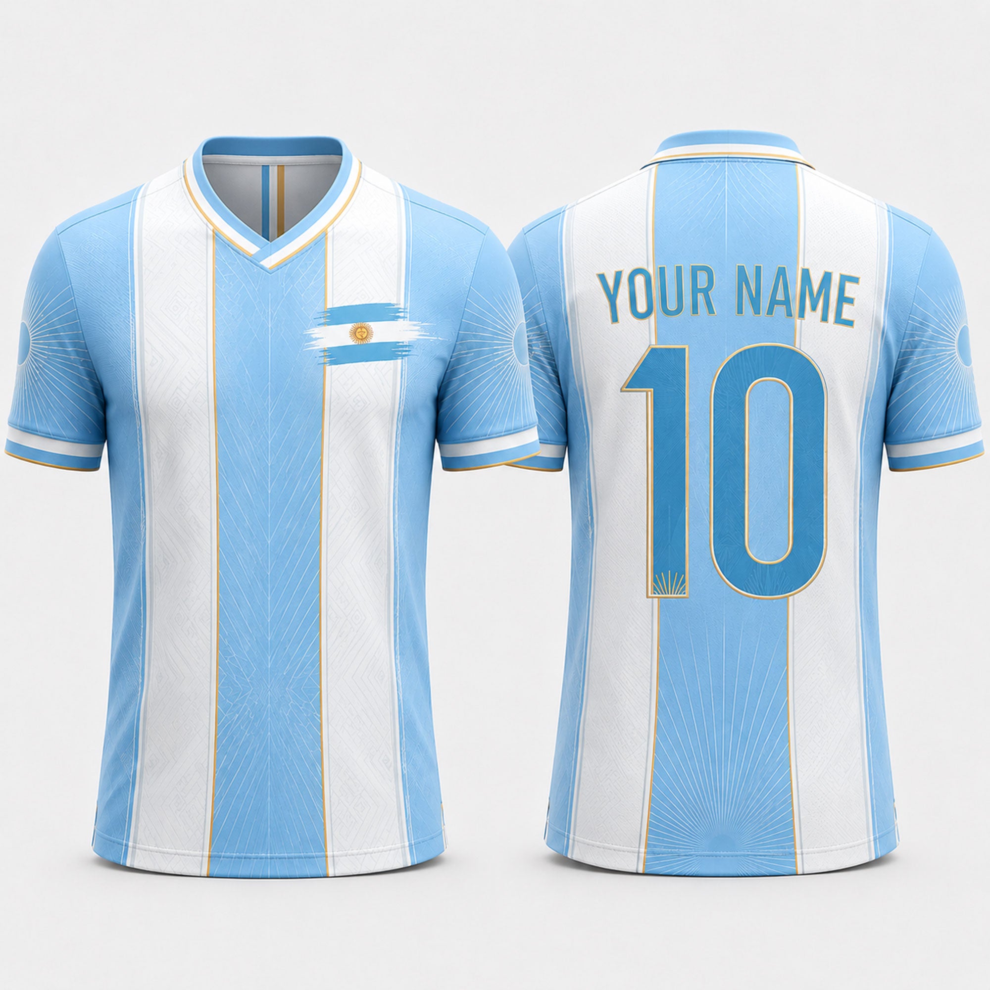 Argentinian Flag Sun Fooball Shirt, White Blue Stripes V-Neck For Men, Father's Day Presents