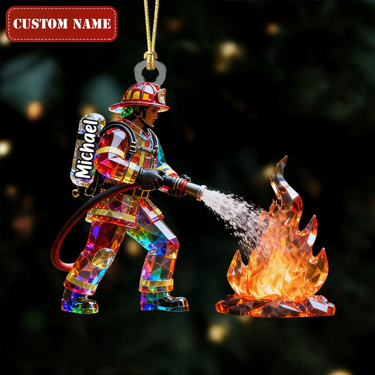 Firefighter Figurine Stained Glass Crystal Effect Acrylic Ornament, Firefighter Gift, Xmas Home Decor