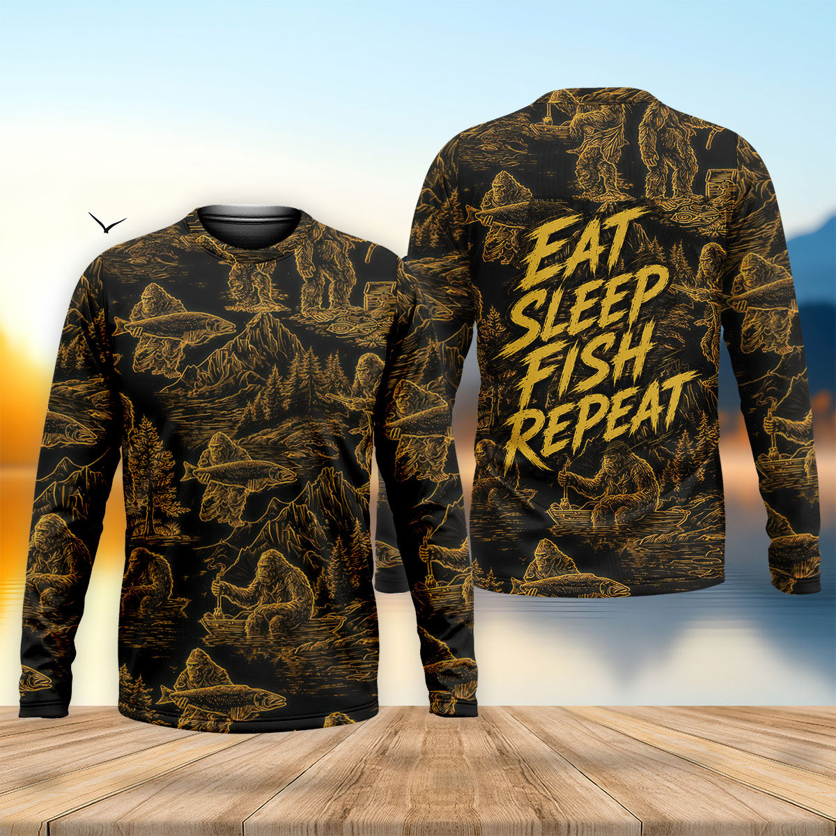 Eat Sleep Fish Repeat Bigfoot Pattern UPF Shirt, Fishing Apparel For Men, Fishing Shirt