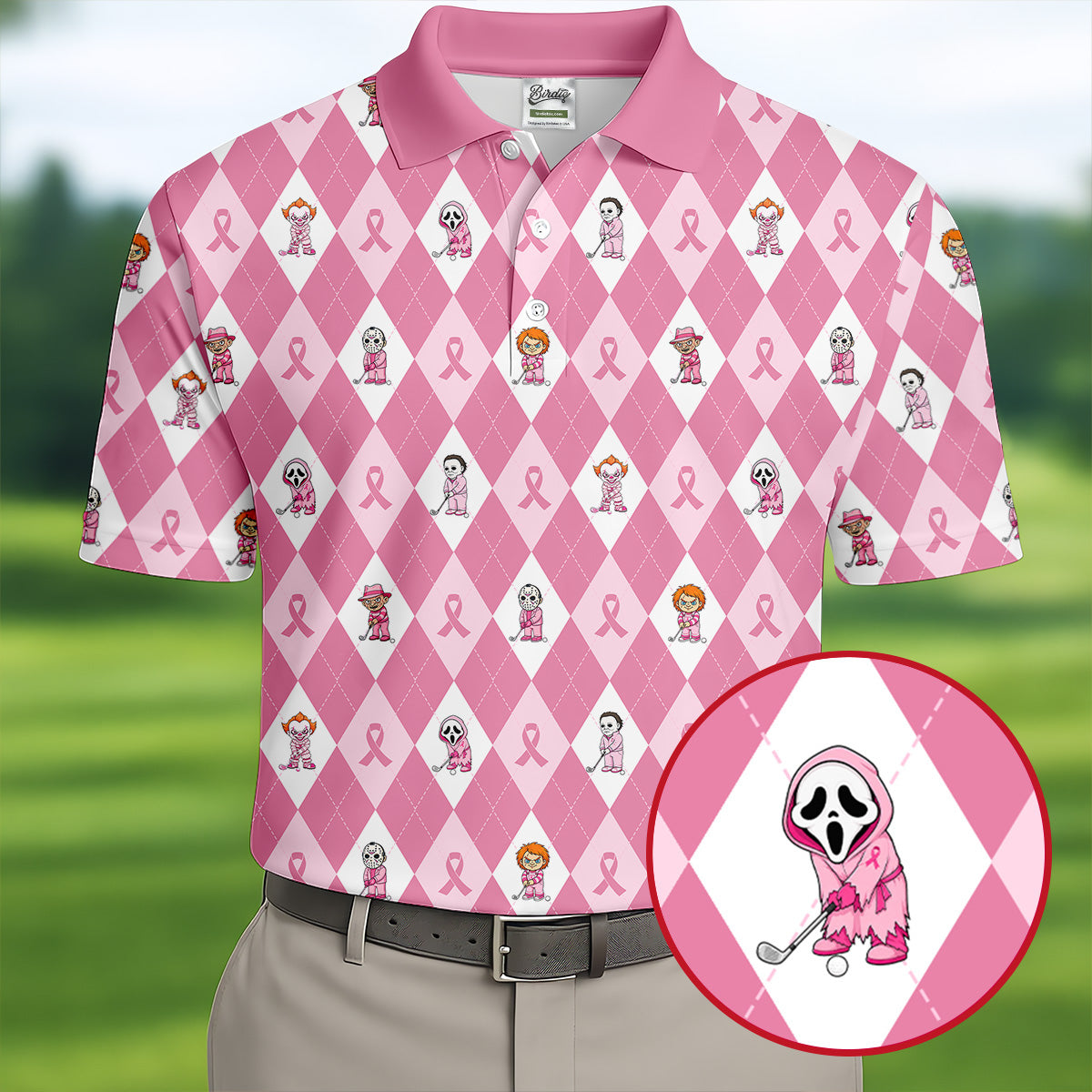 Pink Argyle Horror Character Breast Cancer Polo Shirt, Golf Shirts For Men, Mens Golf Shirts
