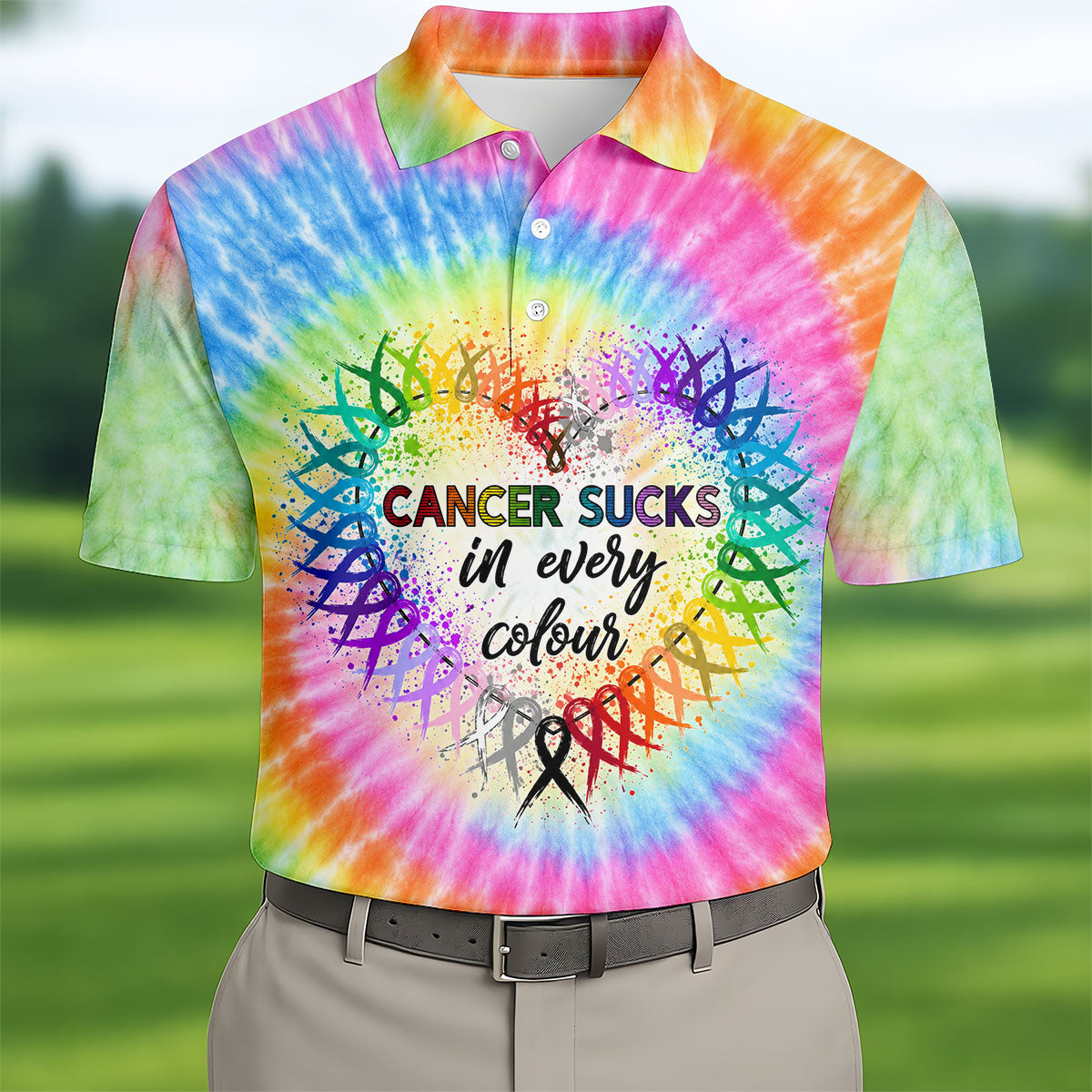 Cancer Sucks In Every Colour Tie Dye Ribbon Polo Shirt, Men's Golf Shirt, Mens Golf Polo