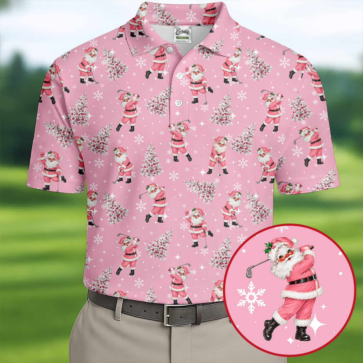 Funny Pink Santa Golfer Christmas Golf Shirt, Mens Golf Shirts, Polo Shirts For Men