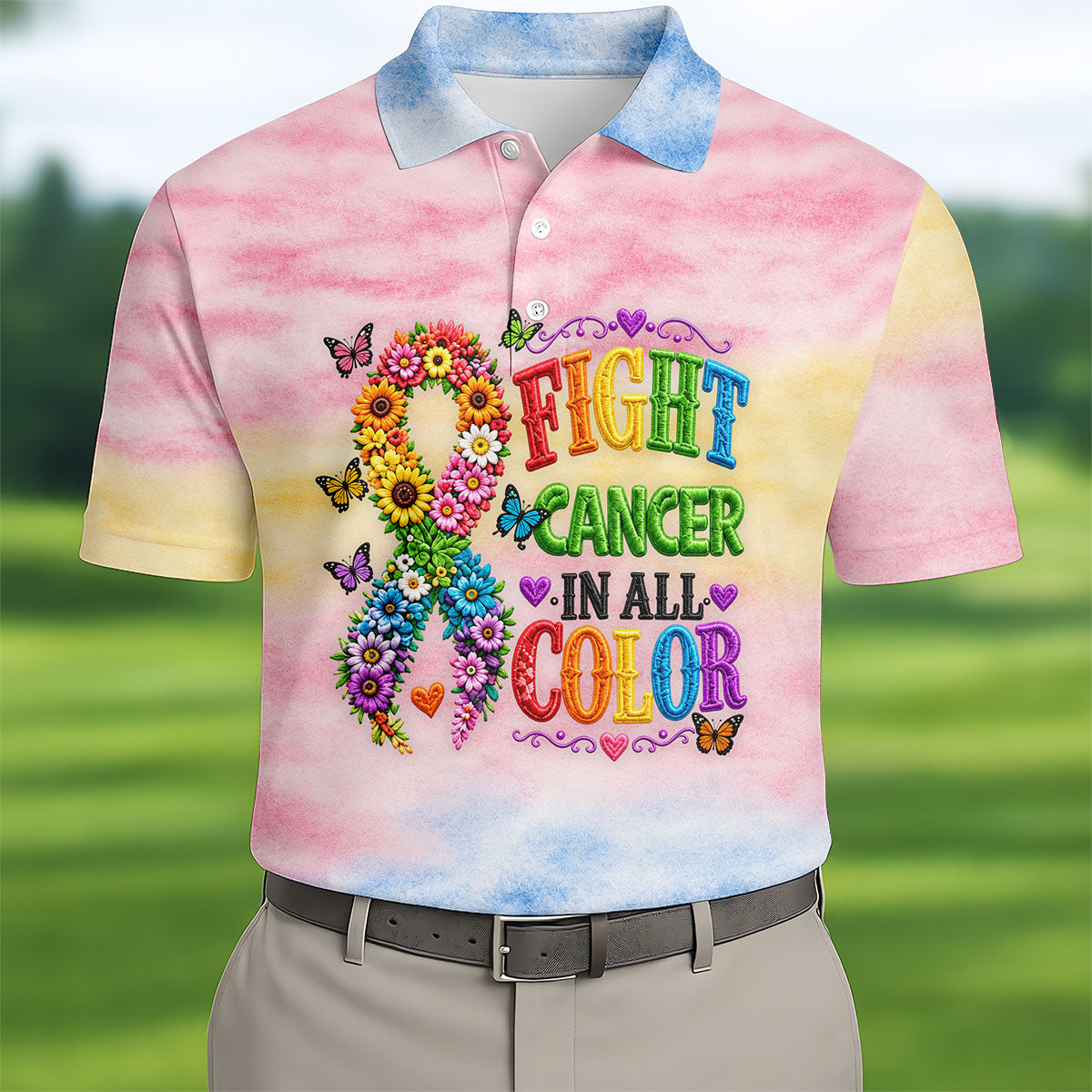 Fight Cancer In All Color Floral Ribbon Polo Shirt, Mens Golf Polo, Printed Golf Shirts