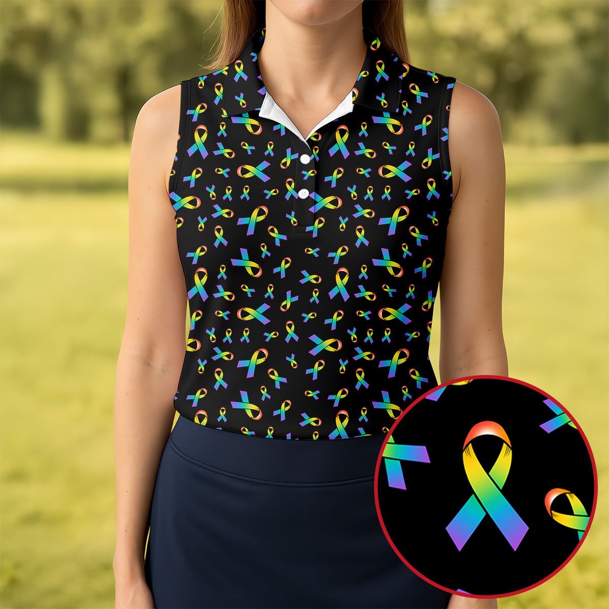 Rainbow Awareness Ribbon Cancer Polo Shirt, Womens Golf Tops, Cancer Awareness Golf Shirt