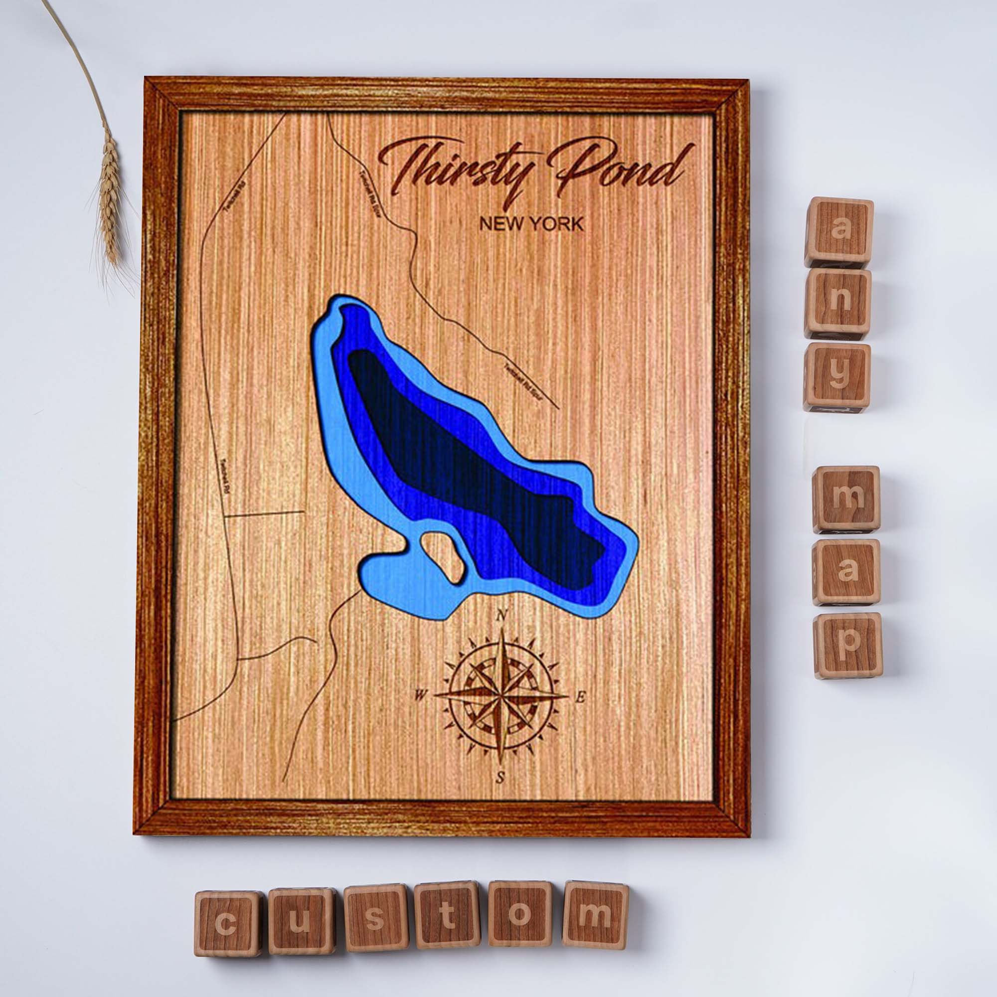 Custom Thirsty Pond New York Topographical Map, 3D Lake Map, Lake House Decor