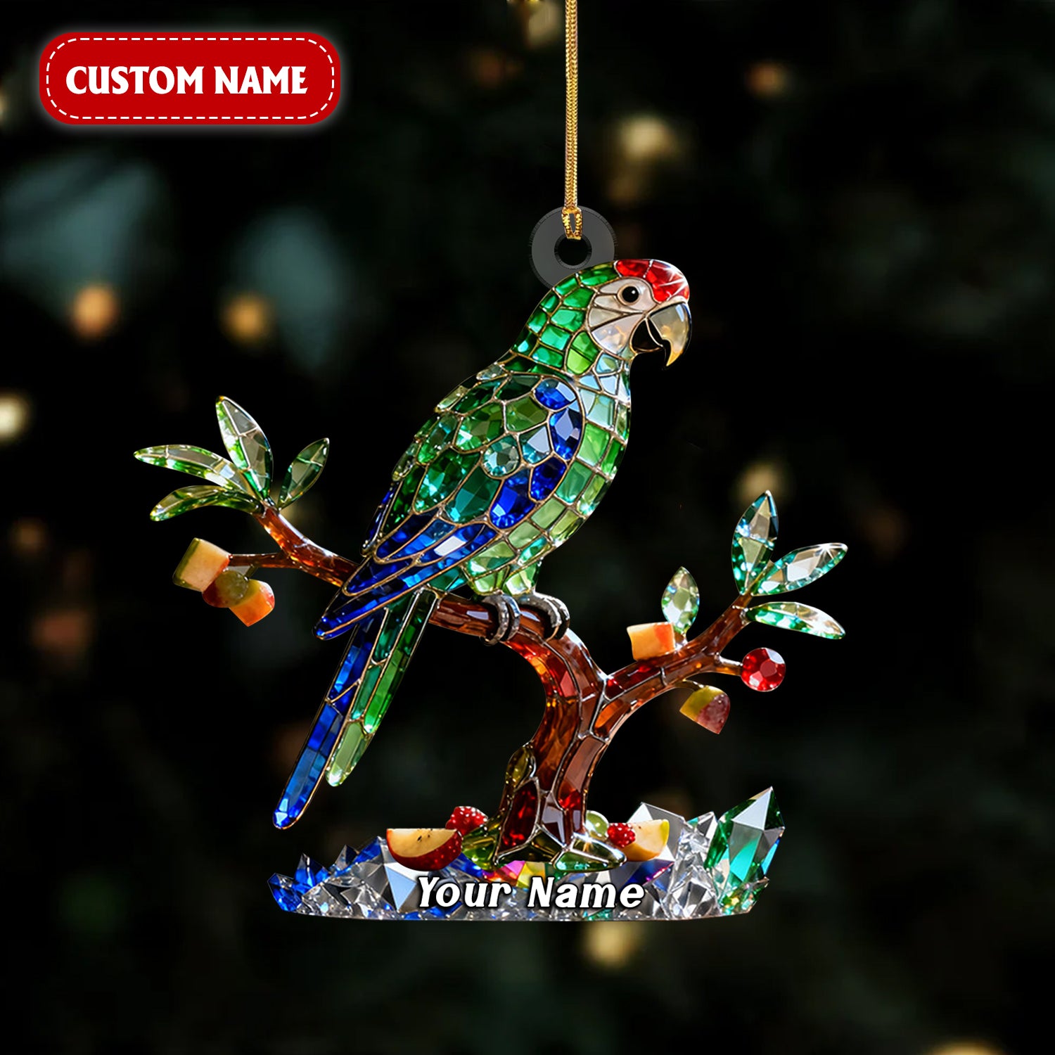 Colorful Parrot Custom Name Stained Glass Effect Acrylic Ornament, Xmas Decor, Parrot Christmas Ornaments