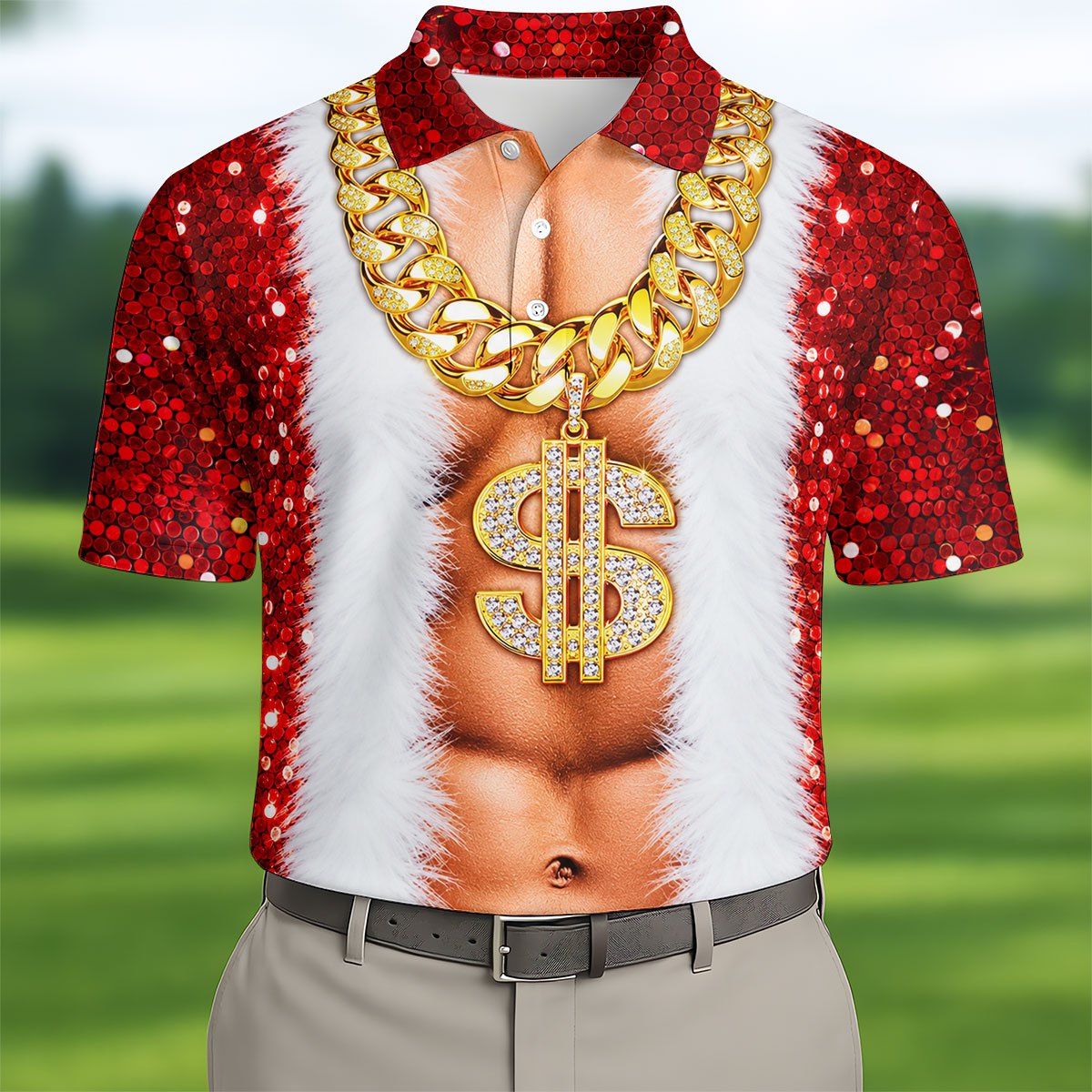 Funny Santa Gold Dollar Chain Christmas Golf Shirt, Printed Golf Shirts, Mens Golf Apparel