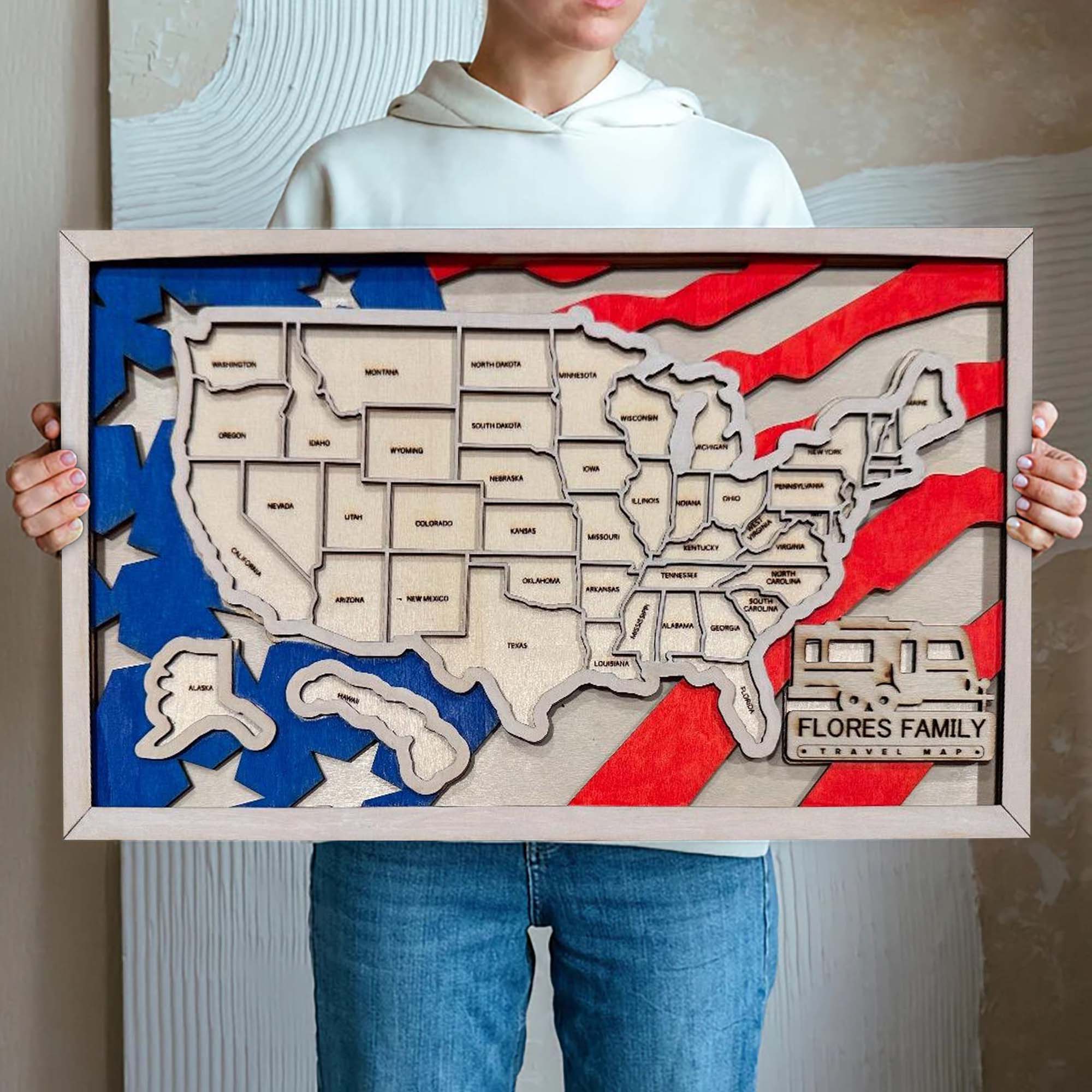Personalized Wood US Travel Map, US Flag Travel Map Tracker, Road Trip Tracker, Gift for Travelers