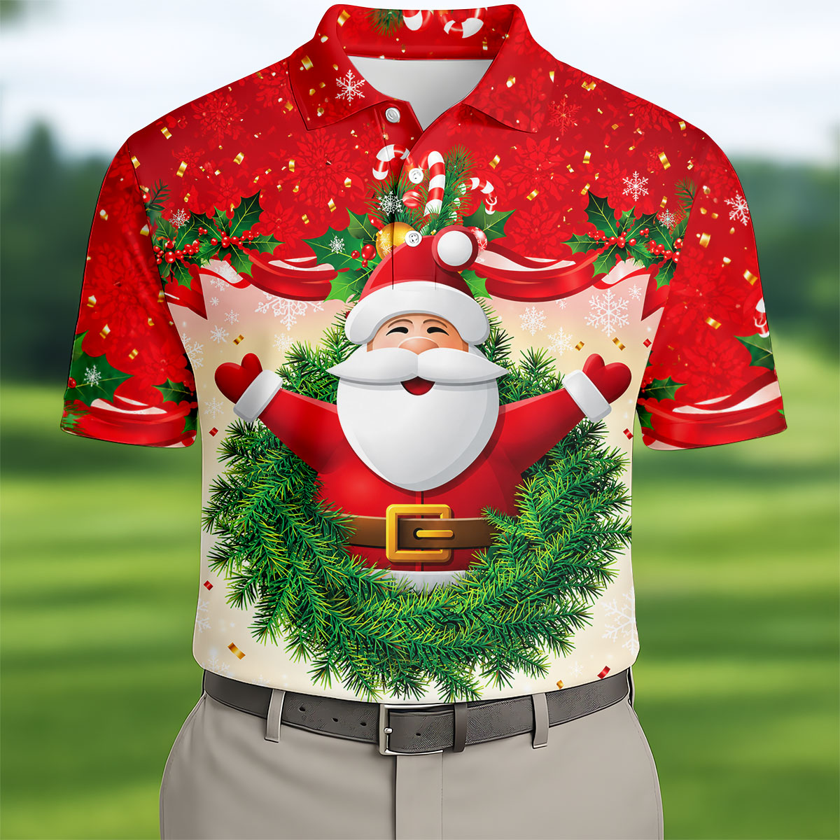 Festive Santa Wreath Christmas Golf Shirt, Mens Golf Polo, Golf Shirts For Men