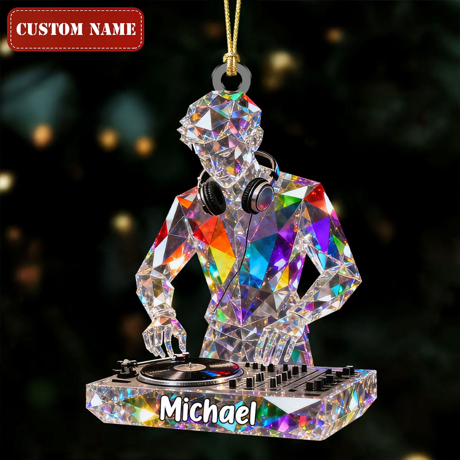 Turntablist Custom Name Stained Glass Effect Acrylic Christmas Ornament, Gift For DJ, Music Ornament