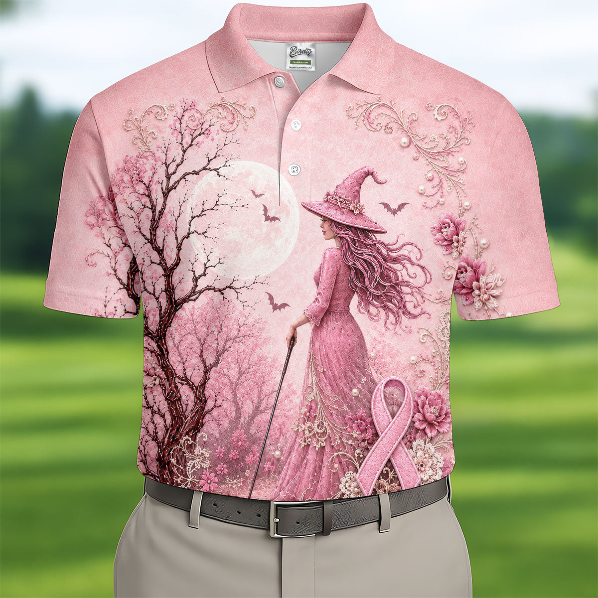Breast Cancer Awareness Pink Witch Moon Mens Golf Polo, Polo Shirts For Men