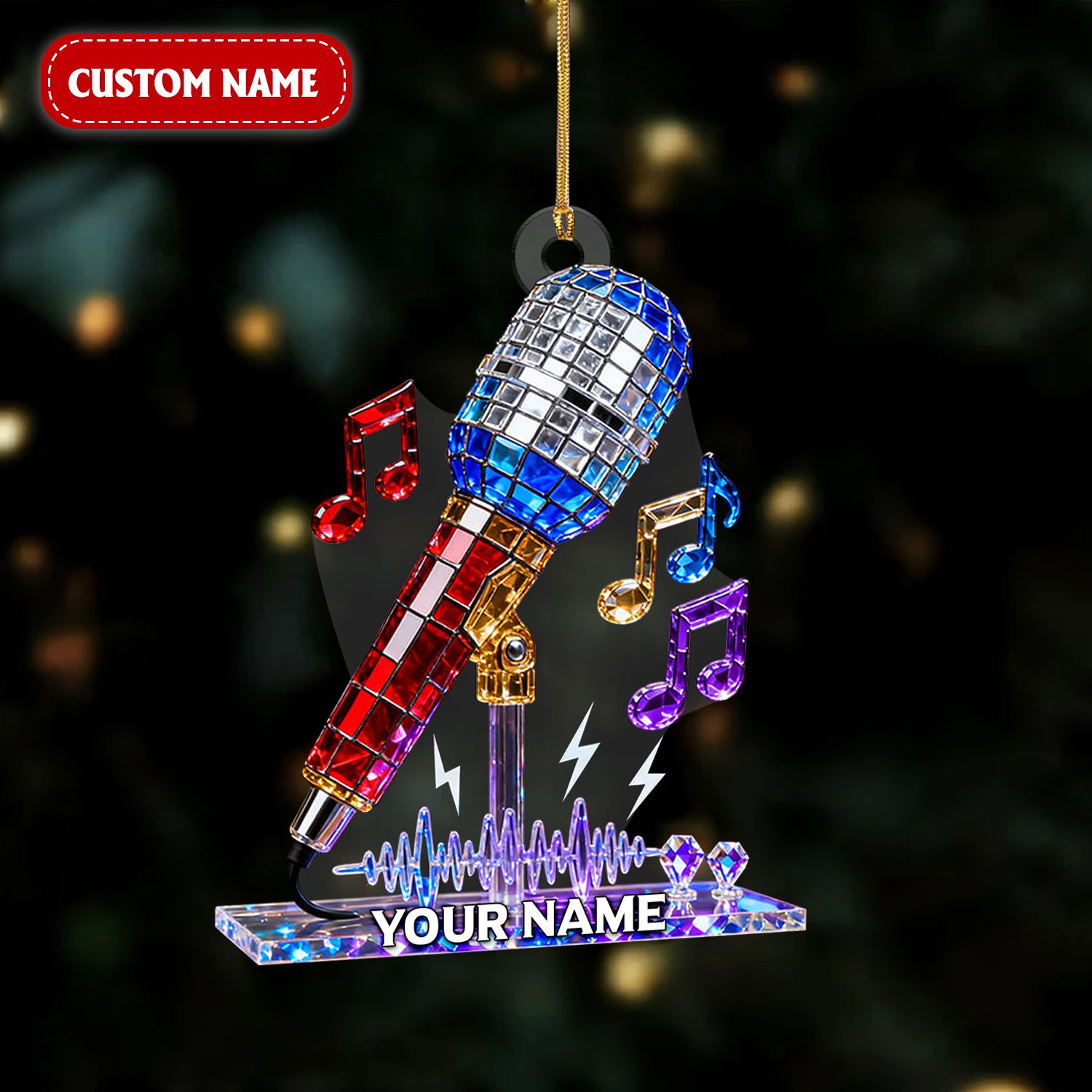 Personalized Microphone Stained Glass Effect Acrylic Ornament, Singing Christmas Ornament, Music Lover Xmas Gift