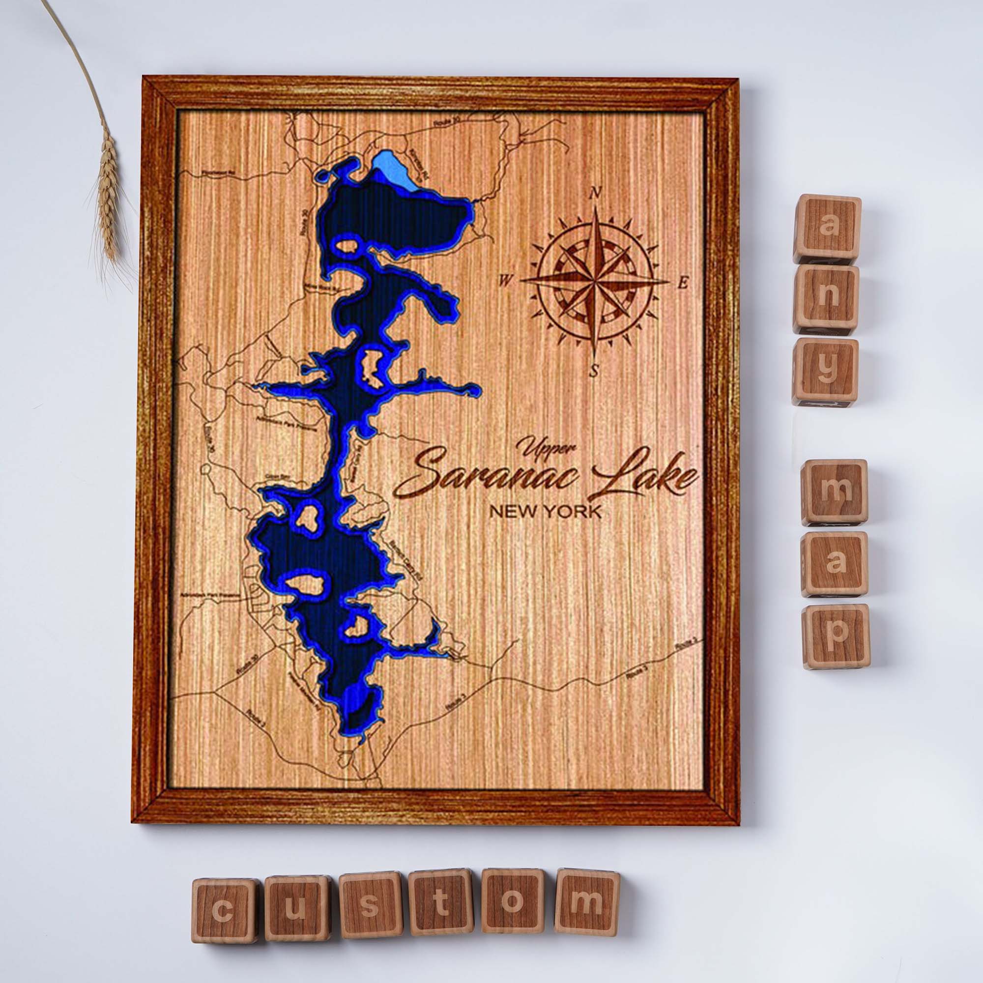 Custom Upper Saranac Lake New York Topographical Map, 3D Lake Map, Lake House Decor