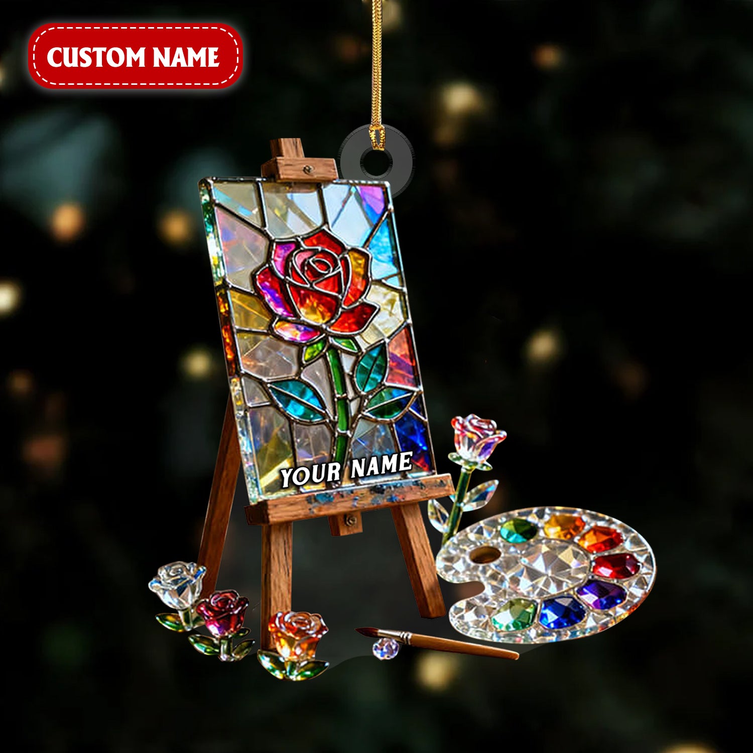 Rose Art Easel Stand Custom Name Stained Glass Effect Acrylic Ornament, Xmas Decor, Artist Christmas Ornament