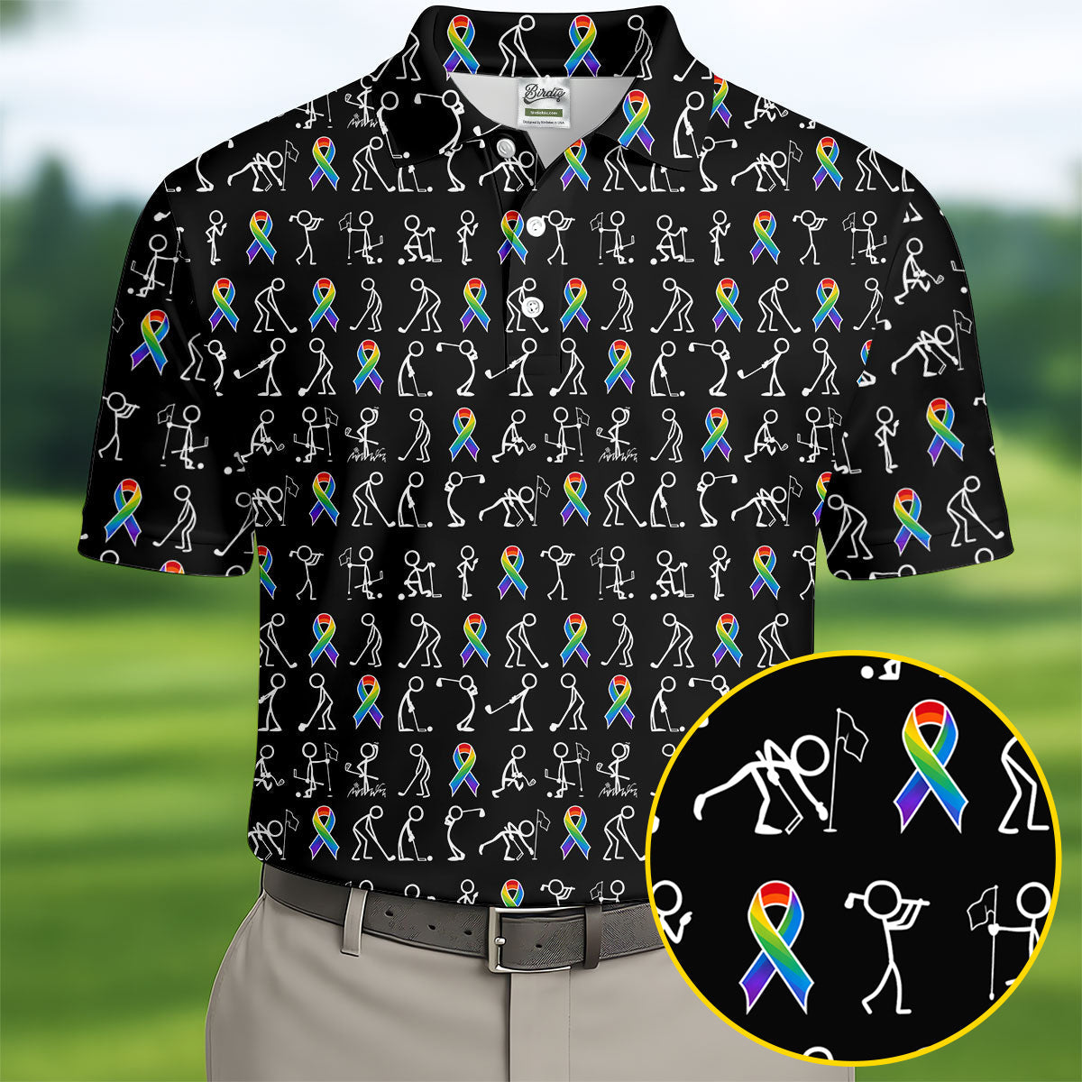 Rainbow Cancer Ribbon Stick Figure Golf Pattern Shirt, Printed Golf Shirts, Polo Shirts For Men