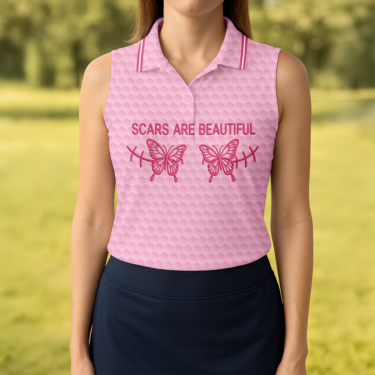 Scars Are Beautiful Butterfly Breast Cancer Golf Polo Shirt, Women’s Golf Tops, Ladies Golf Shirt