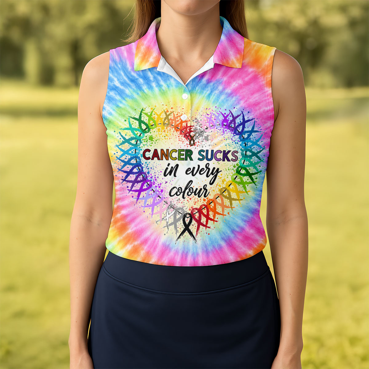 Cancer Sucks In Every Colour Tie Dye Ribbon Polo Shirt, Ladies Golf Tops, Printed Golf Shirt