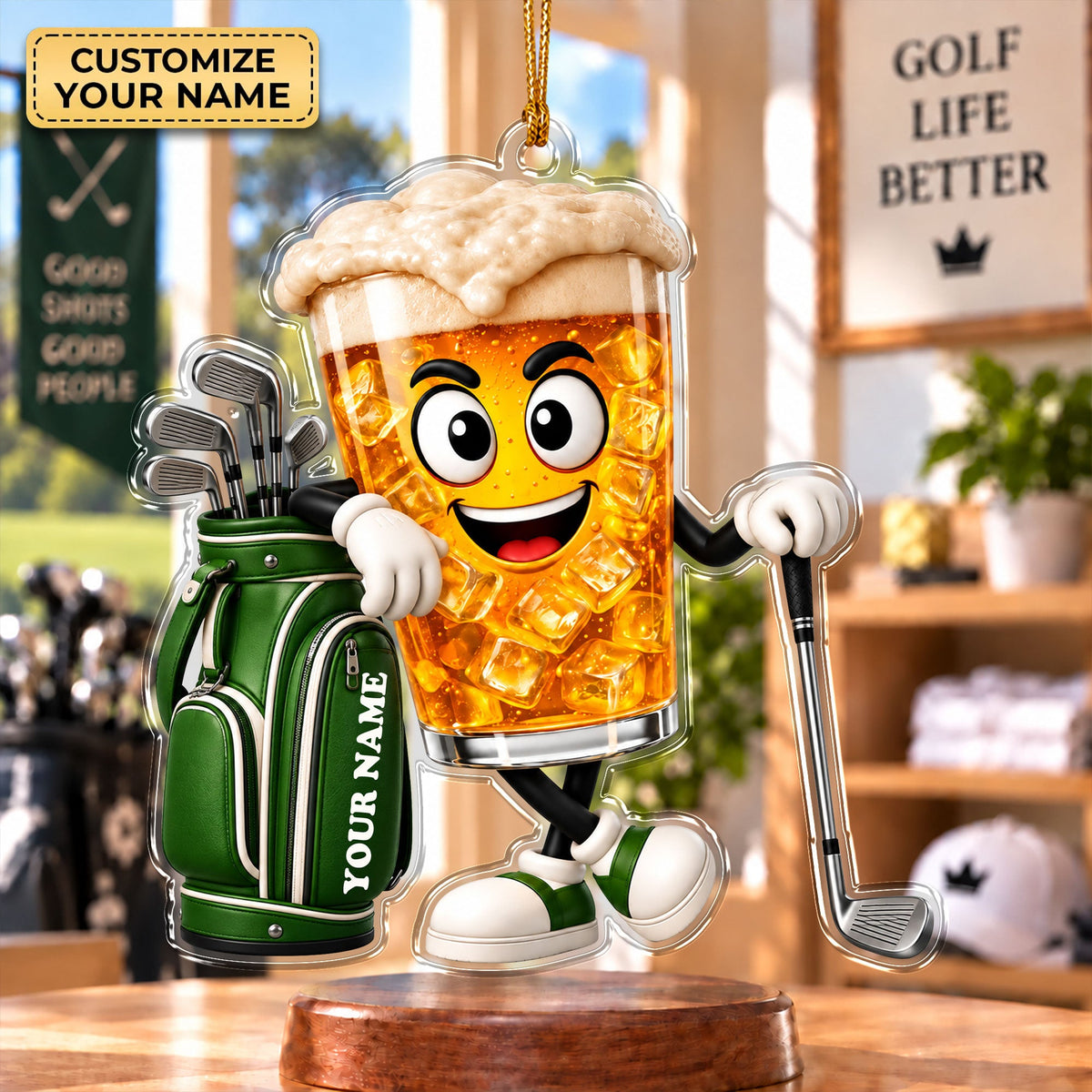 Custom Name Beer Glass Golf Acrylic Ornament, Golf Lover Gifts, Christmas Ornaments
